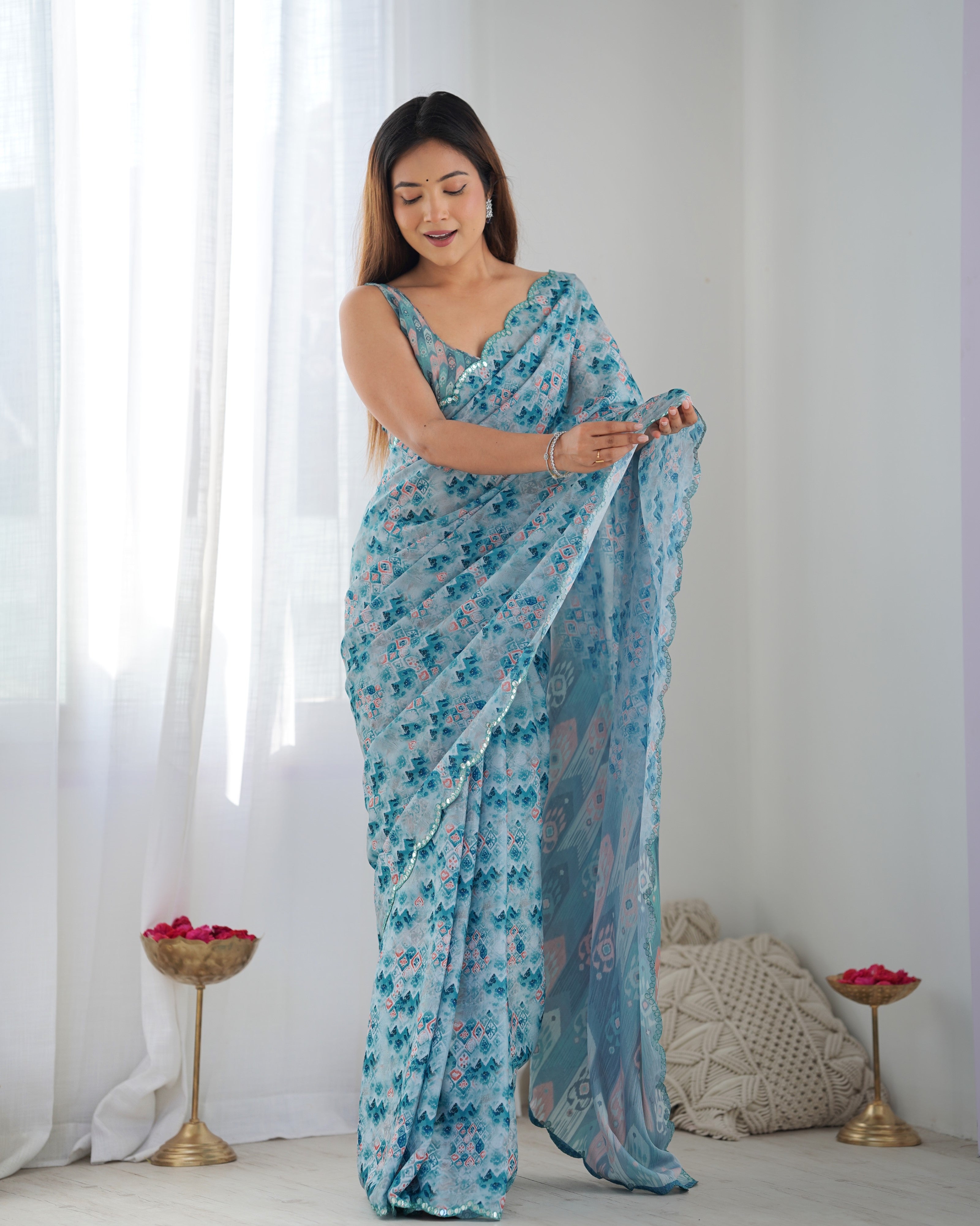 Sapphire Serenity Chinon Party Wear Saree | Designer Digital Print with Mirror Cut Work