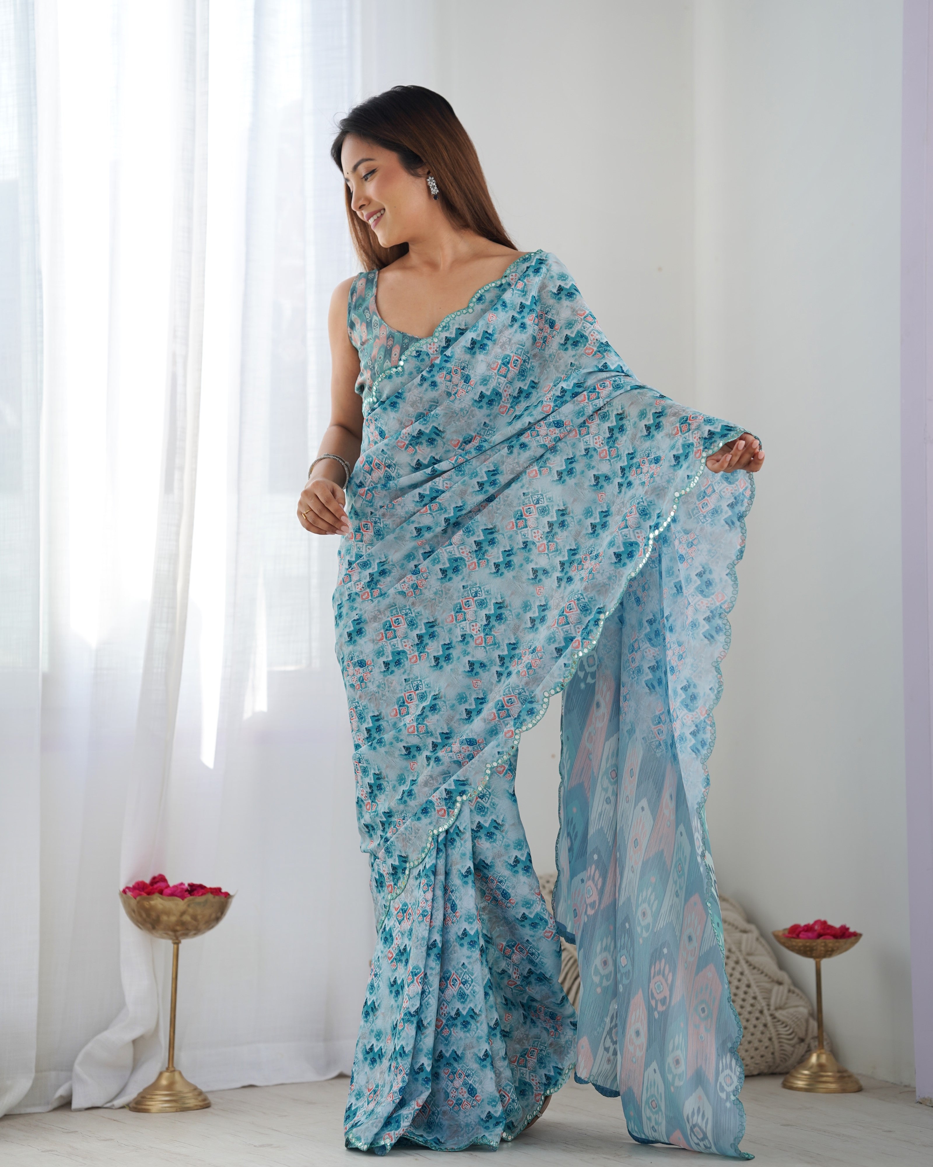 Sapphire Serenity Chinon Party Wear Saree | Designer Digital Print with Mirror Cut Work