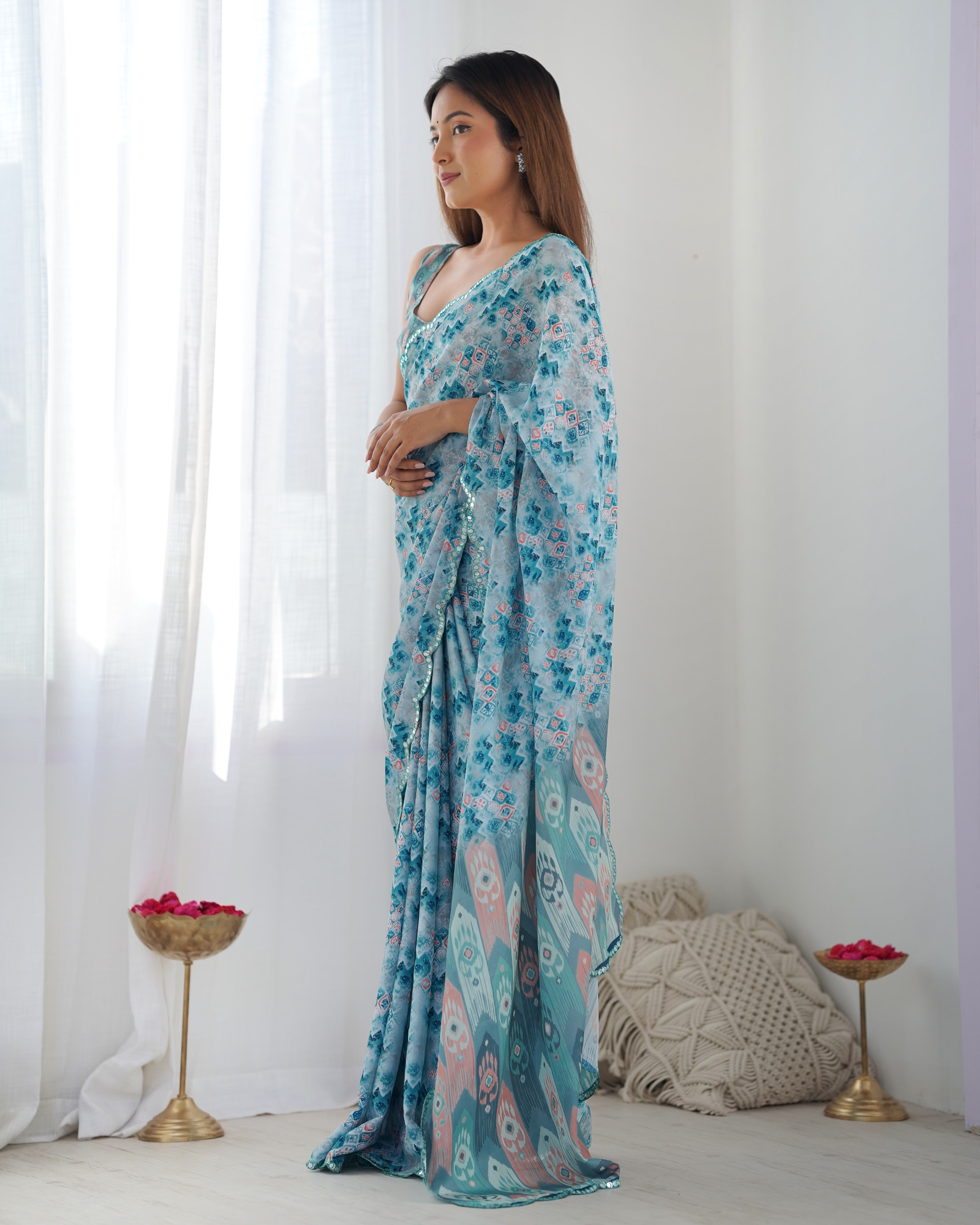 Sapphire Serenity Chinon Party Wear Saree | Designer Digital Print with Mirror Cut Work