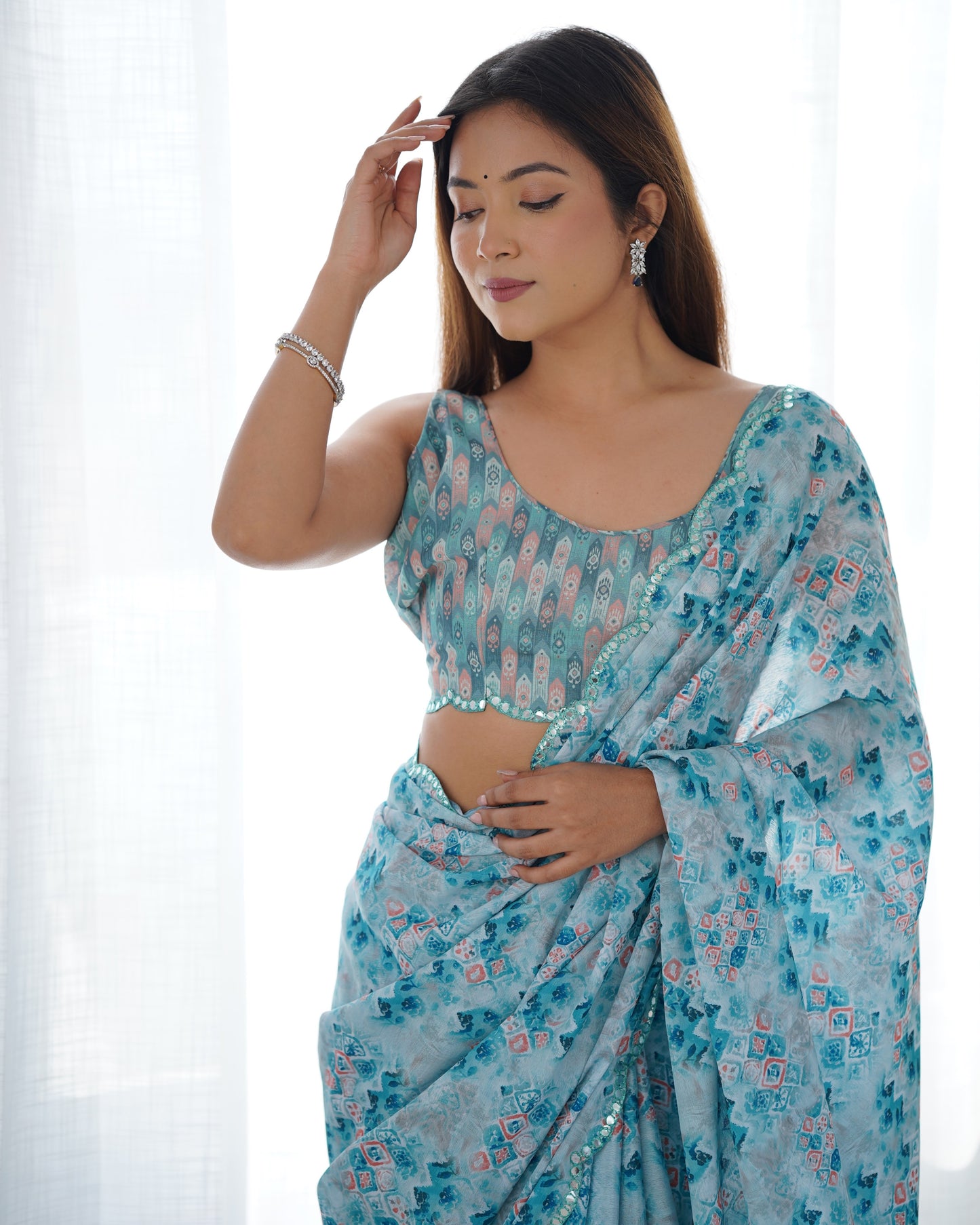 Sapphire Serenity Chinon Party Wear Saree | Designer Digital Print with Mirror Cut Work
