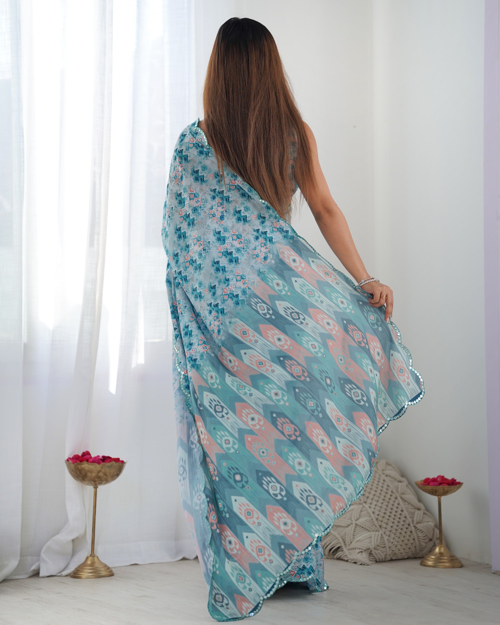 Sapphire Serenity Chinon Party Wear Saree | Designer Digital Print with Mirror Cut Work