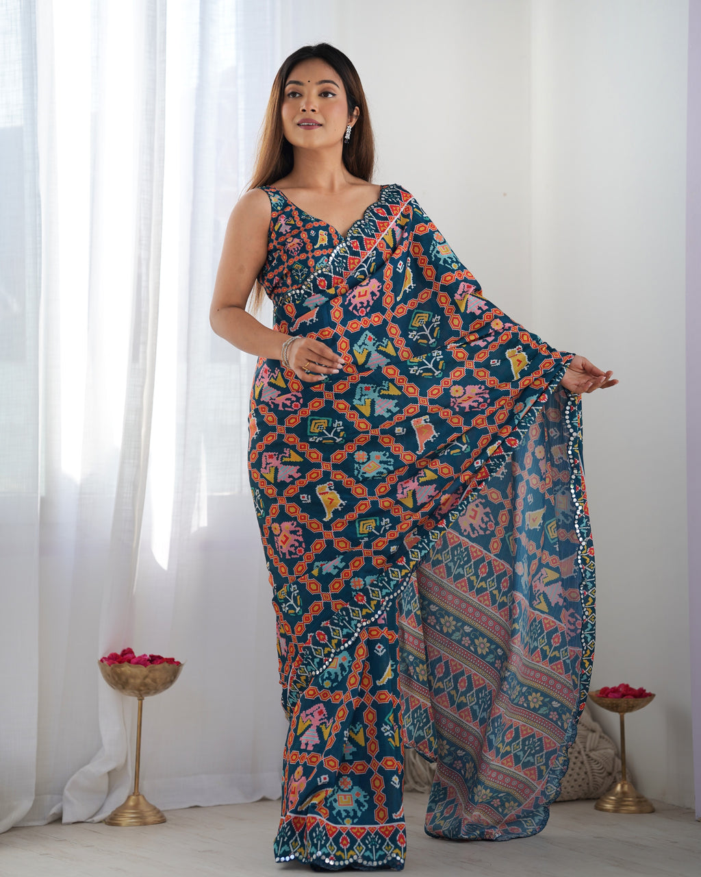 Midnight Majesty Chinon Party Wear Saree | Designer Digital Print with Mirror Cut Work