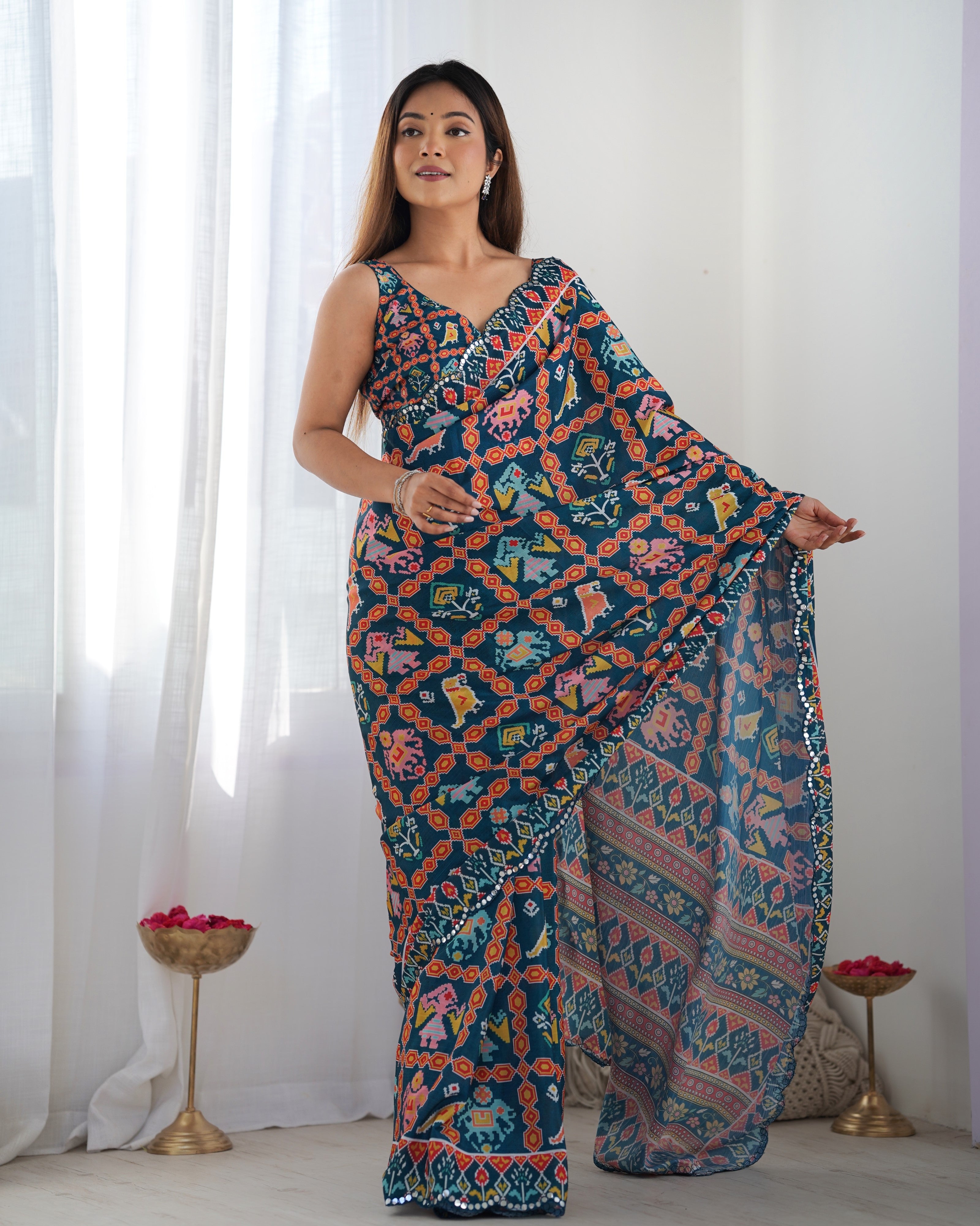Midnight Majesty Chinon Party Wear Saree | Designer Digital Print with Mirror Cut Work