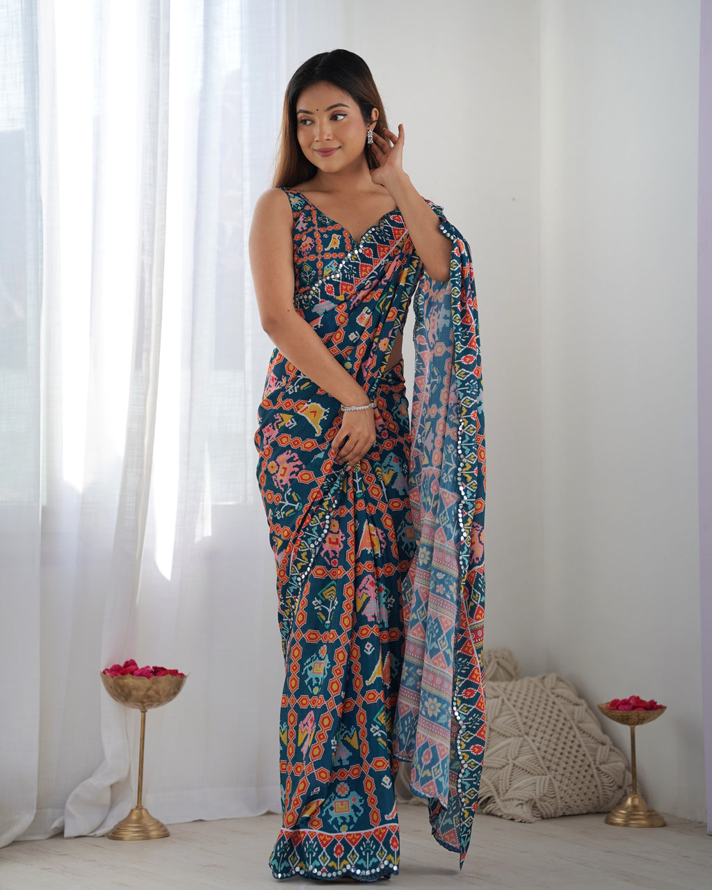 Midnight Majesty Chinon Party Wear Saree | Designer Digital Print with Mirror Cut Work