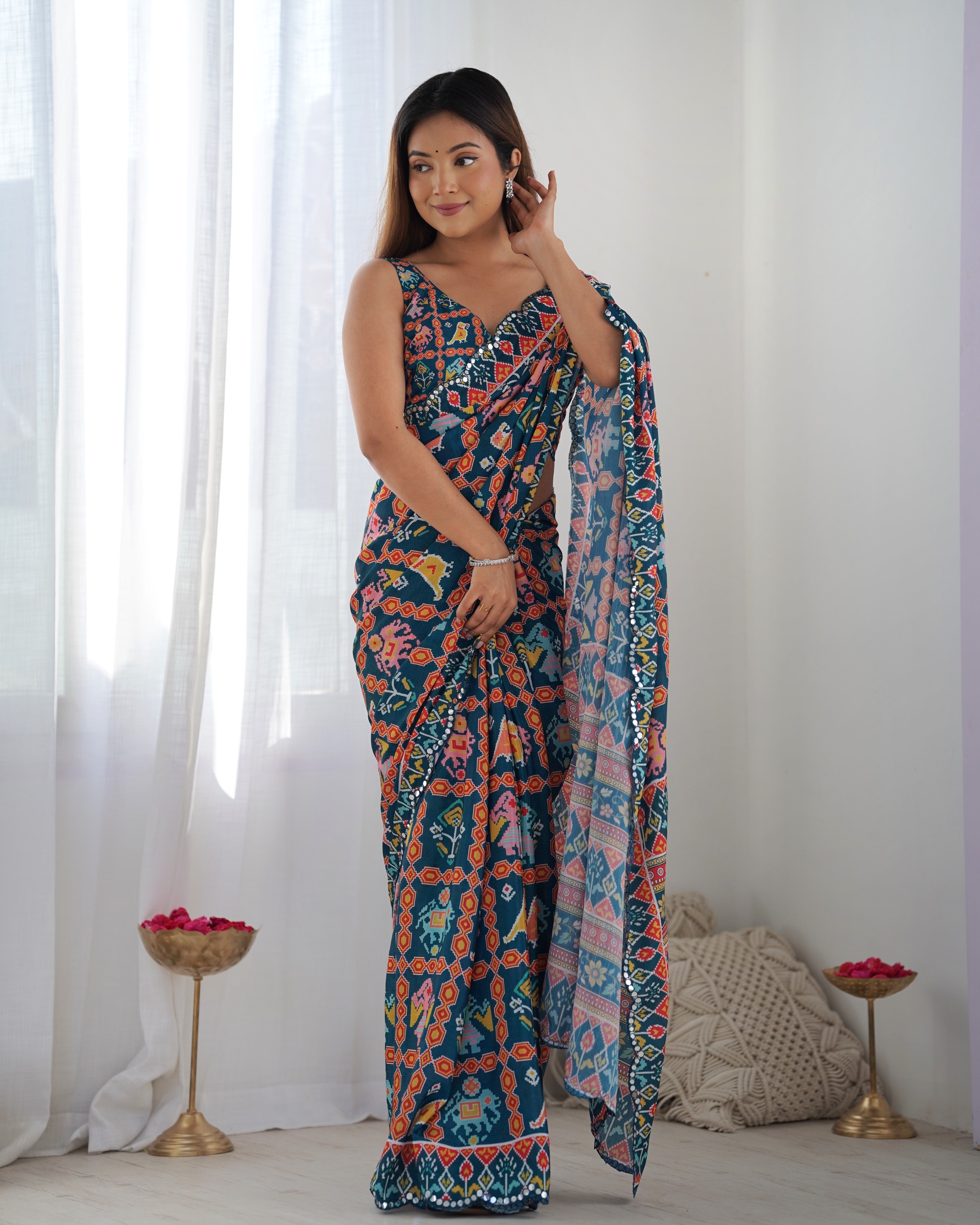 Midnight Majesty Chinon Party Wear Saree | Designer Digital Print with Mirror Cut Work