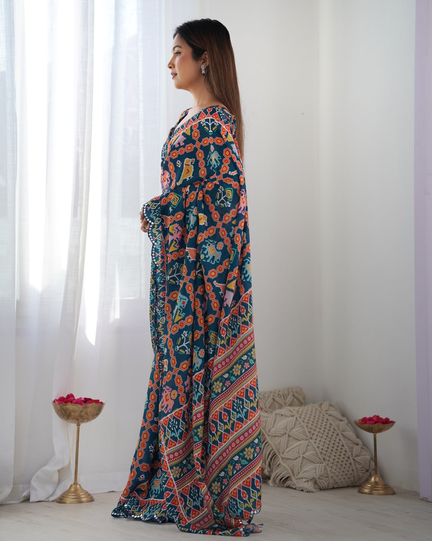 Midnight Majesty Chinon Party Wear Saree | Designer Digital Print with Mirror Cut Work