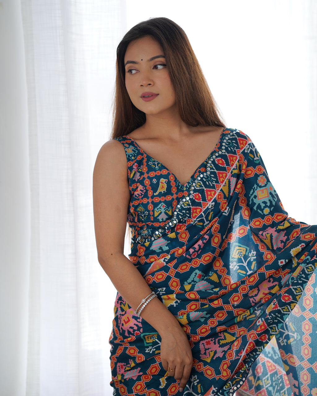 Midnight Majesty Chinon Party Wear Saree | Designer Digital Print with Mirror Cut Work