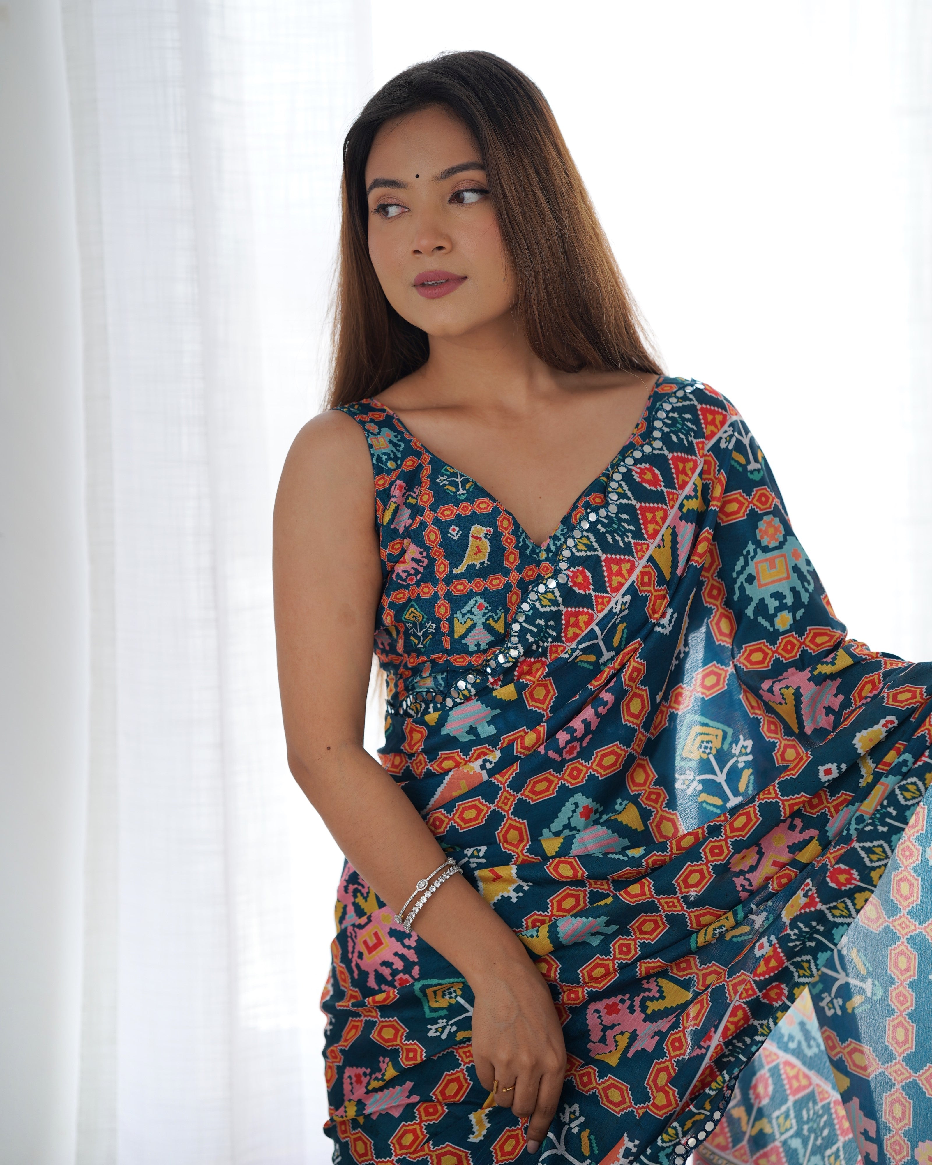 Midnight Majesty Chinon Party Wear Saree | Designer Digital Print with Mirror Cut Work