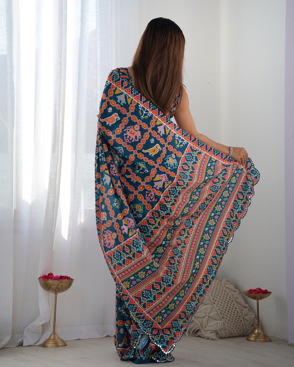 Midnight Majesty Chinon Party Wear Saree | Designer Digital Print with Mirror Cut Work