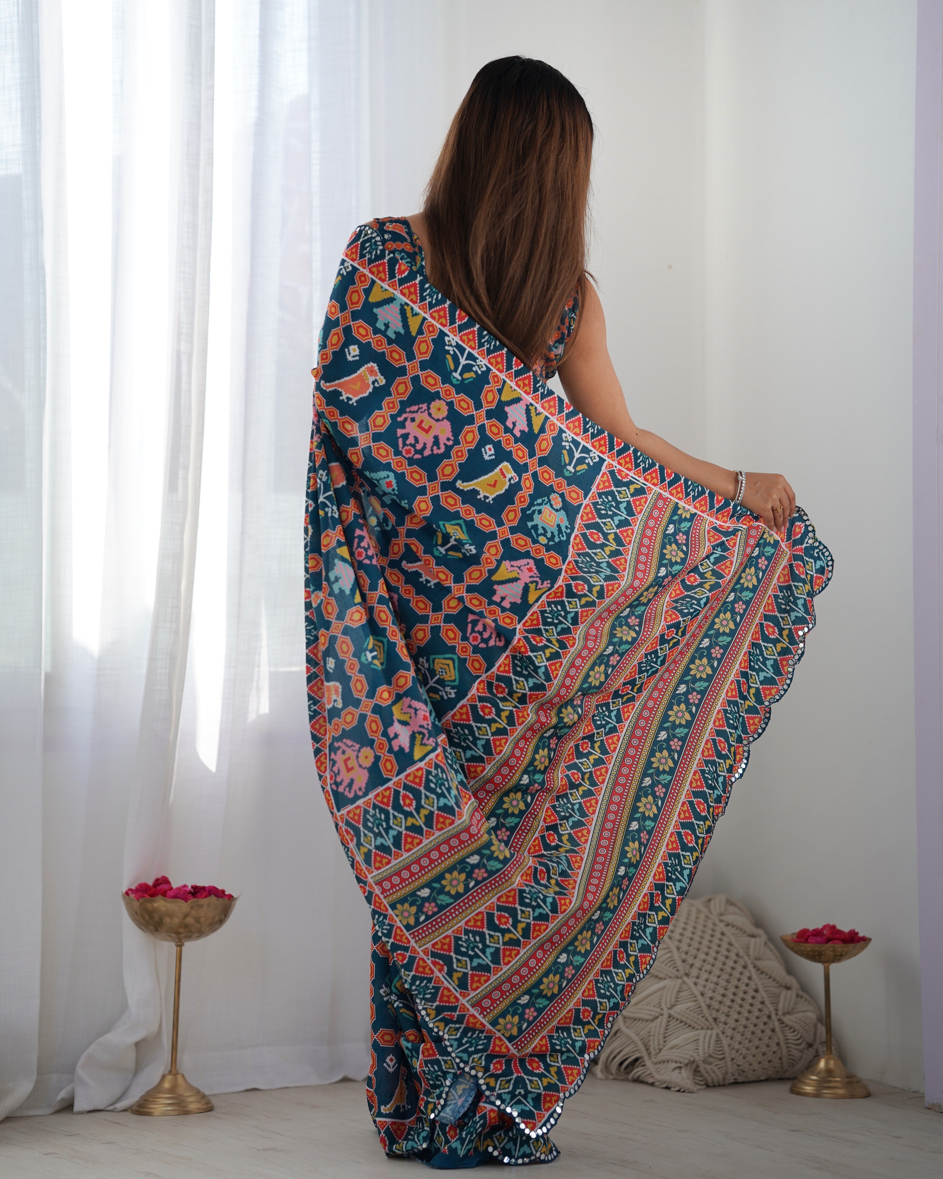 Midnight Majesty Chinon Party Wear Saree | Designer Digital Print with Mirror Cut Work