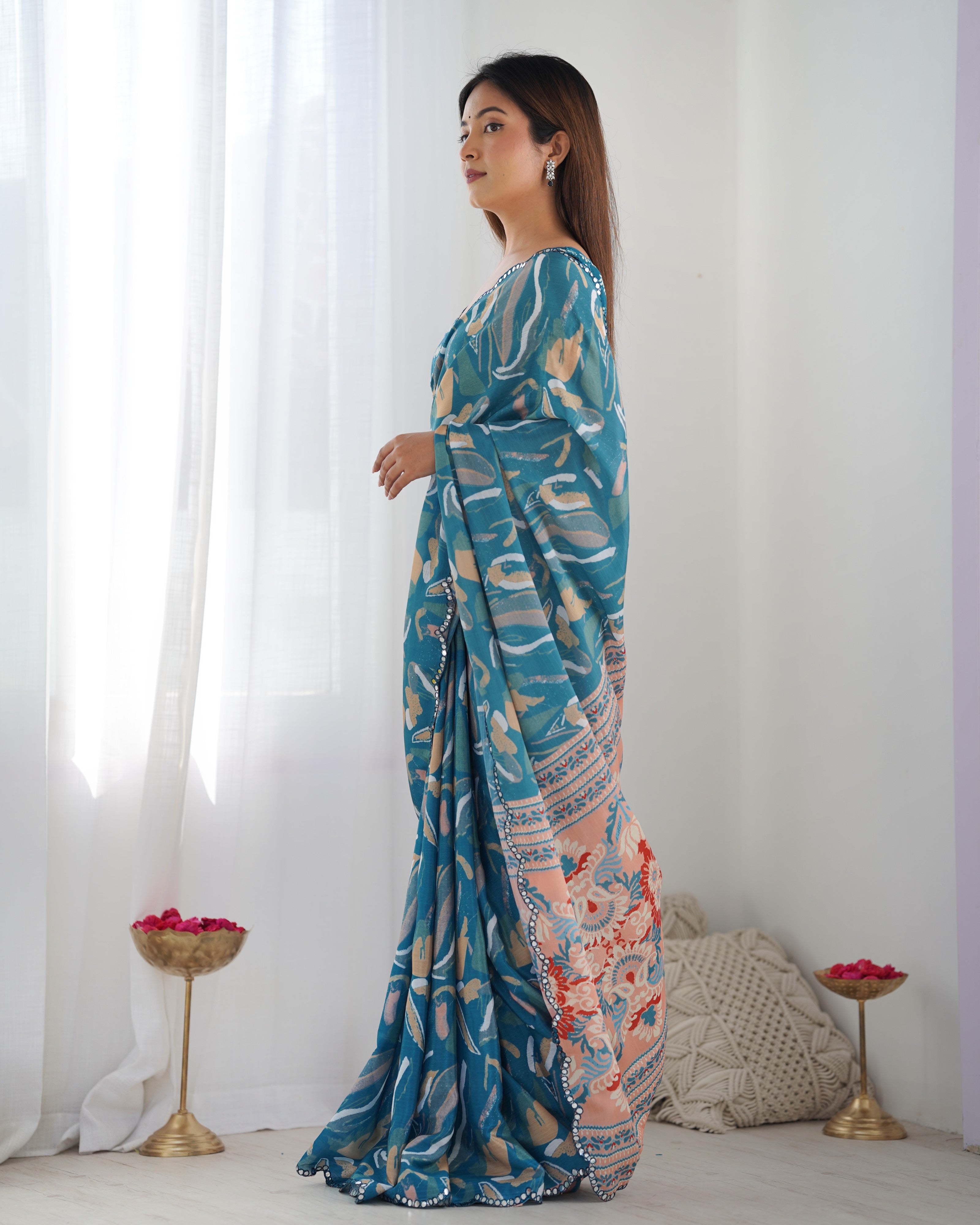 Teal Treasure Chinon Party Wear Saree | Designer Digital Print with Mirror Cut Work