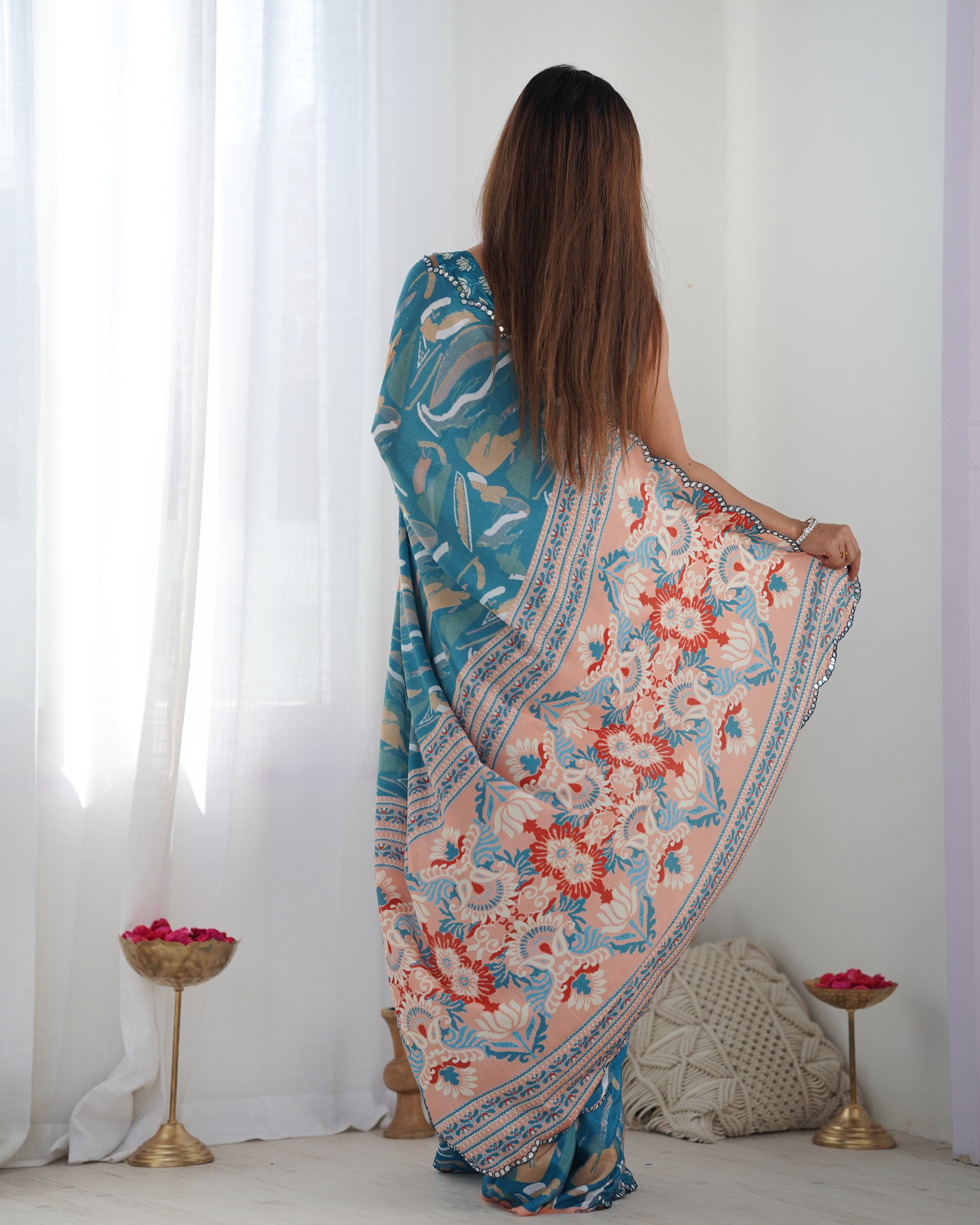 Teal Treasure Chinon Party Wear Saree | Designer Digital Print with Mirror Cut Work