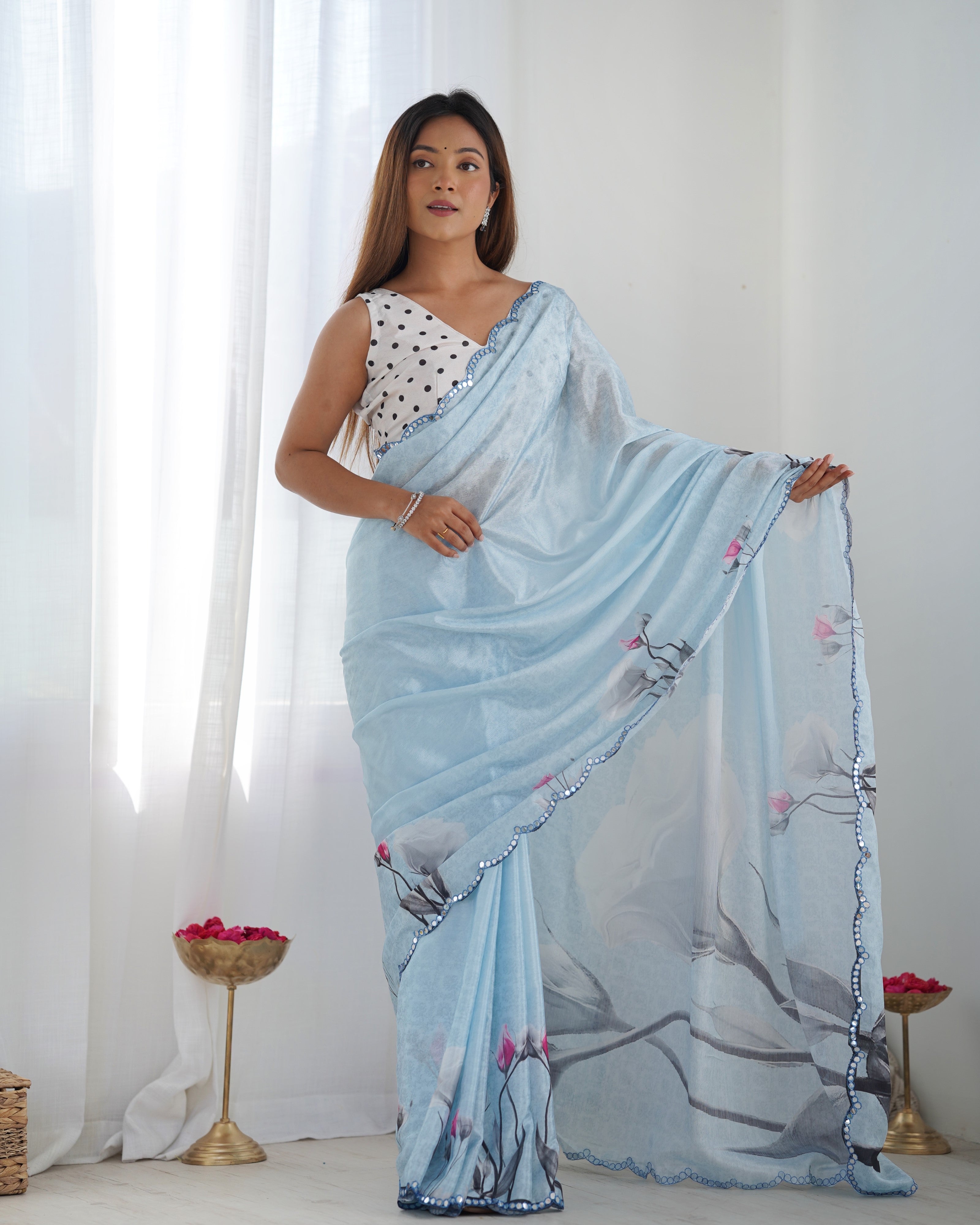 Celestial Sky Chinon Party Wear Saree | Designer Digital Print with Mirror Cut Work