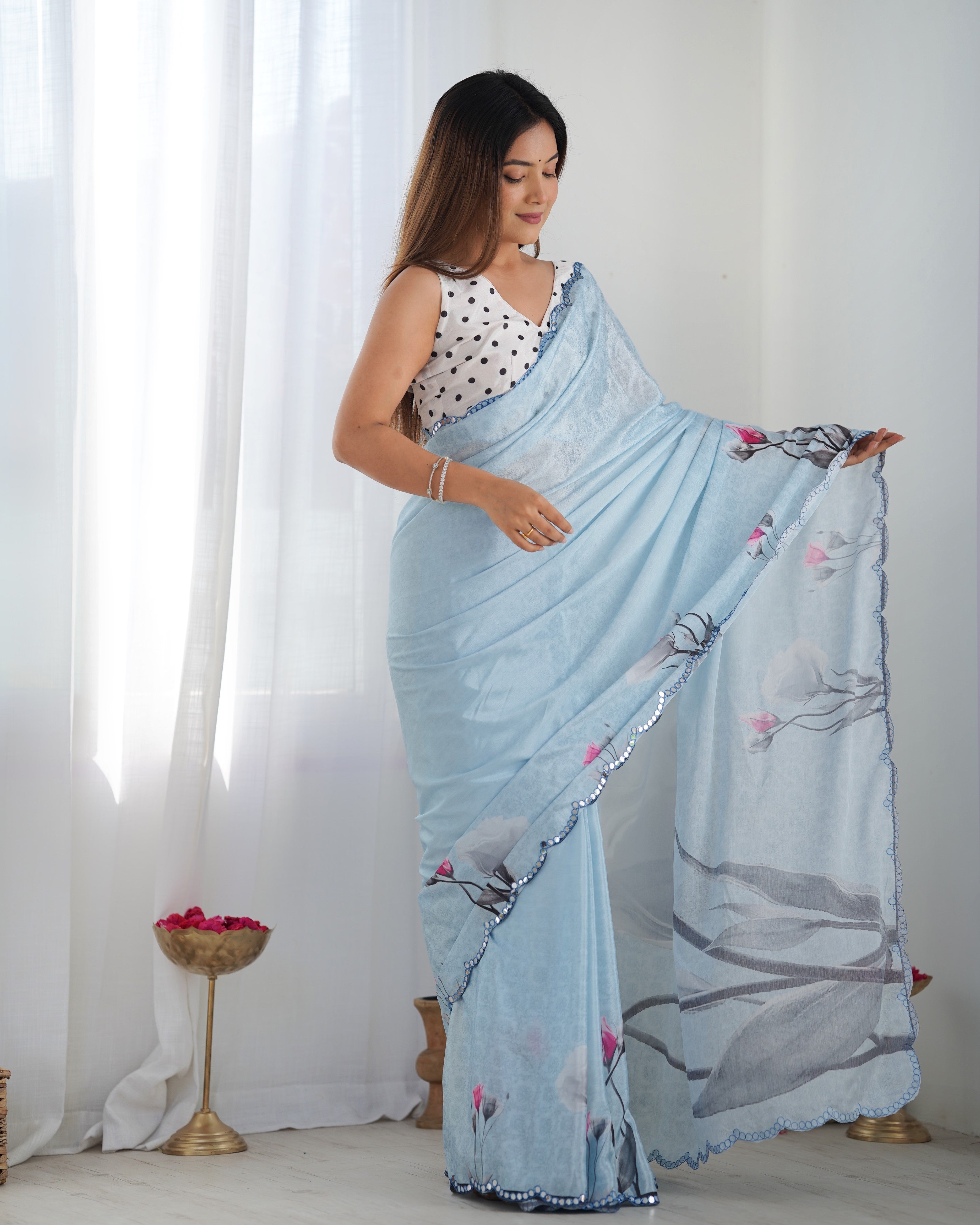 Celestial Sky Chinon Party Wear Saree | Designer Digital Print with Mirror Cut Work