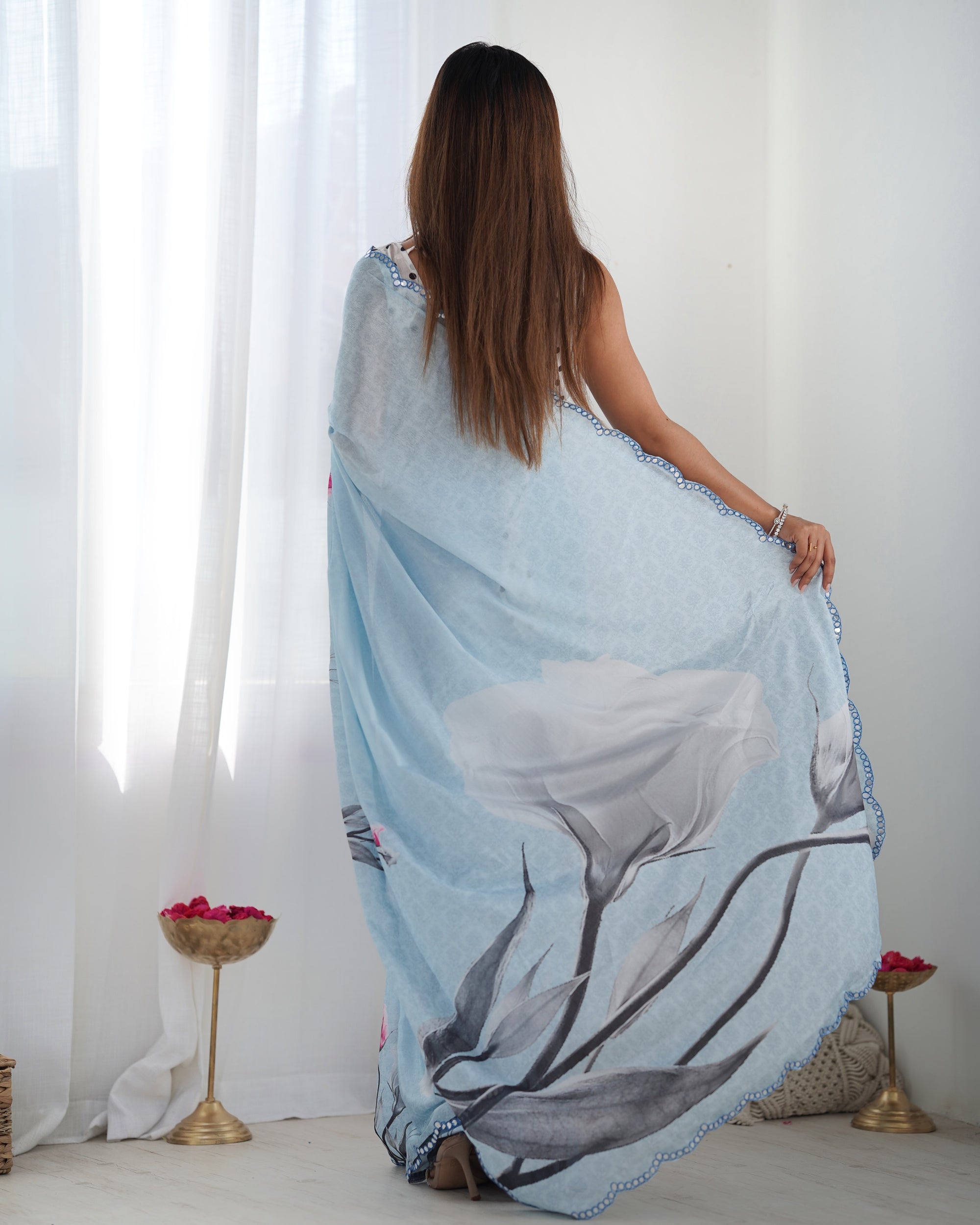 Celestial Sky Chinon Party Wear Saree | Designer Digital Print with Mirror Cut Work