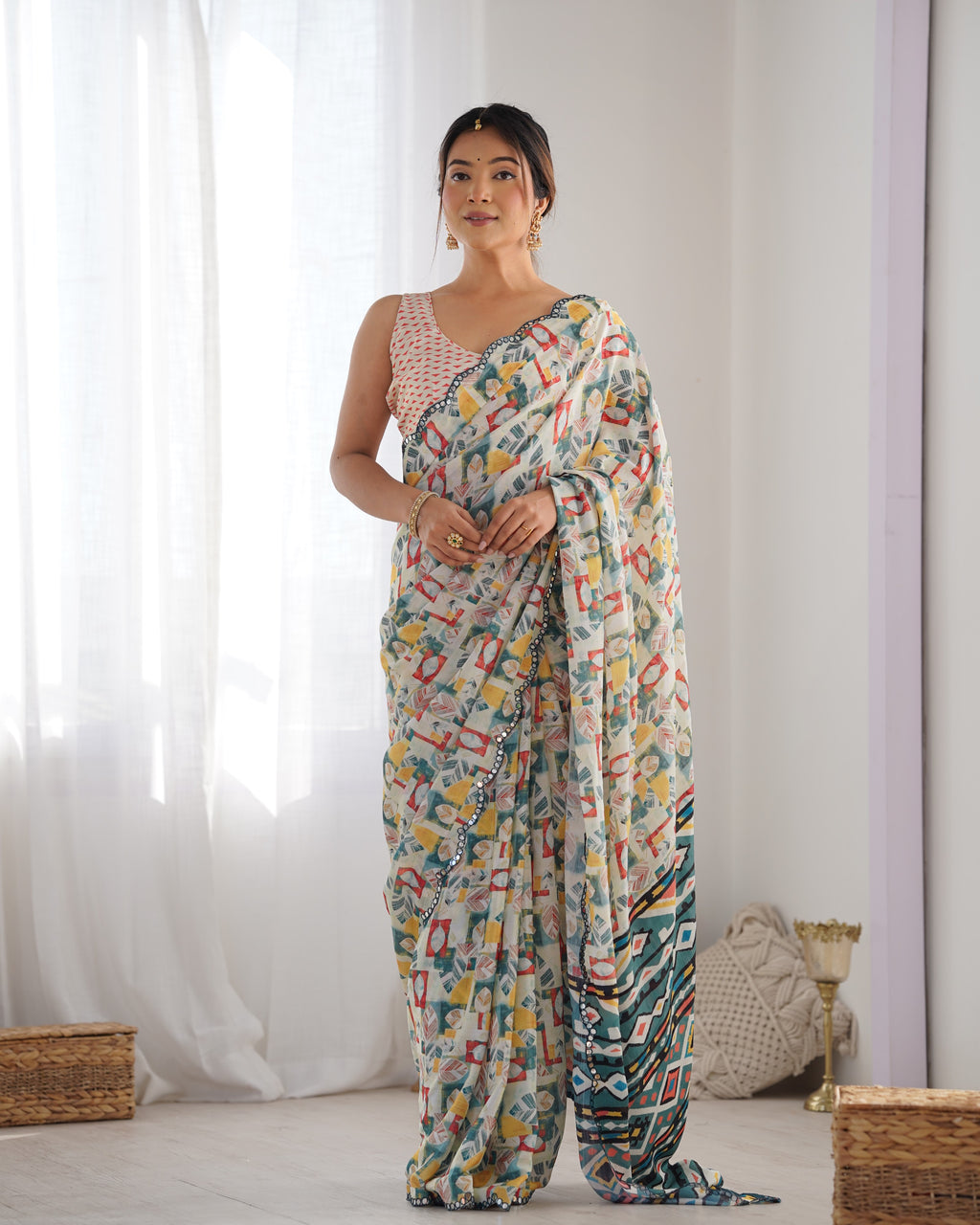 Pearl Perfection Chinon Party Wear Saree | Designer Digital Print with Mirror Cut Work