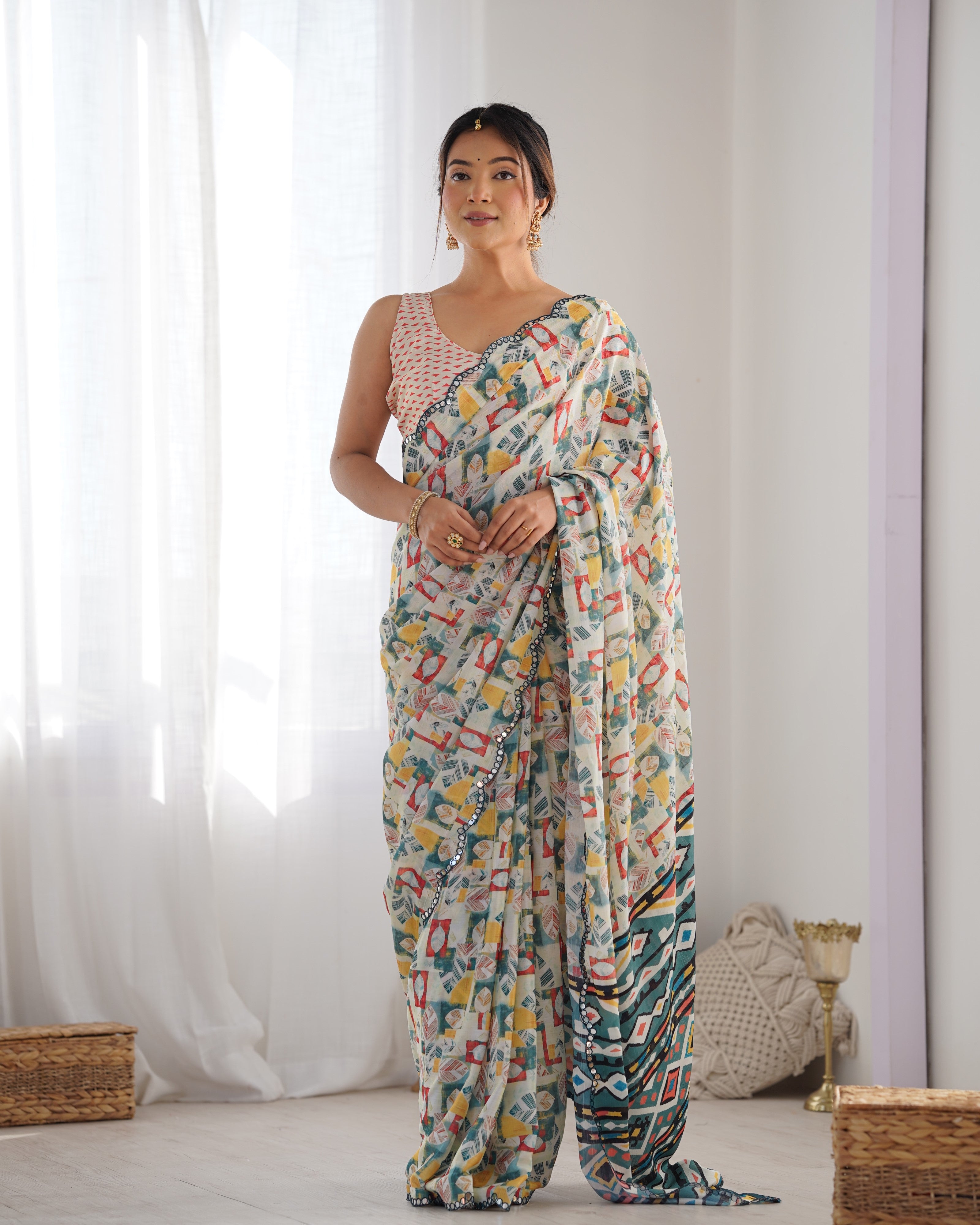 Pearl Perfection Chinon Party Wear Saree | Designer Digital Print with Mirror Cut Work