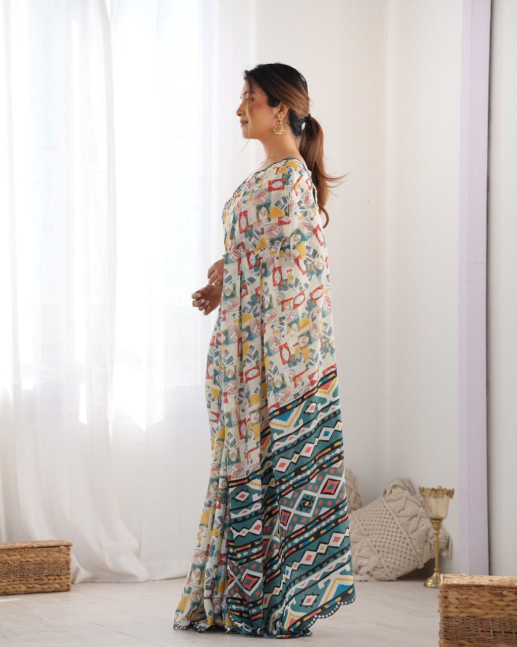 Pearl Perfection Chinon Party Wear Saree | Designer Digital Print with Mirror Cut Work