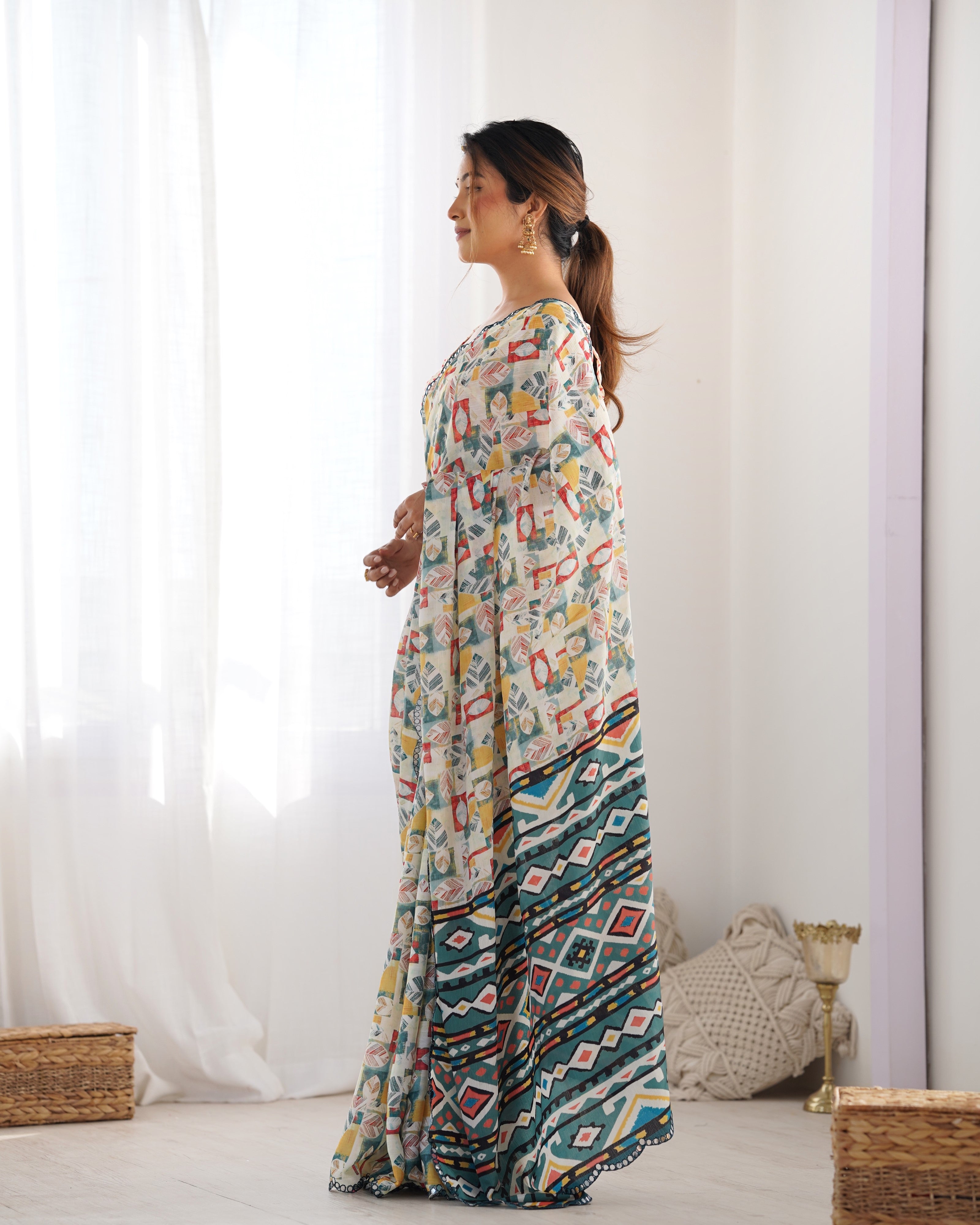 Pearl Perfection Chinon Party Wear Saree | Designer Digital Print with Mirror Cut Work