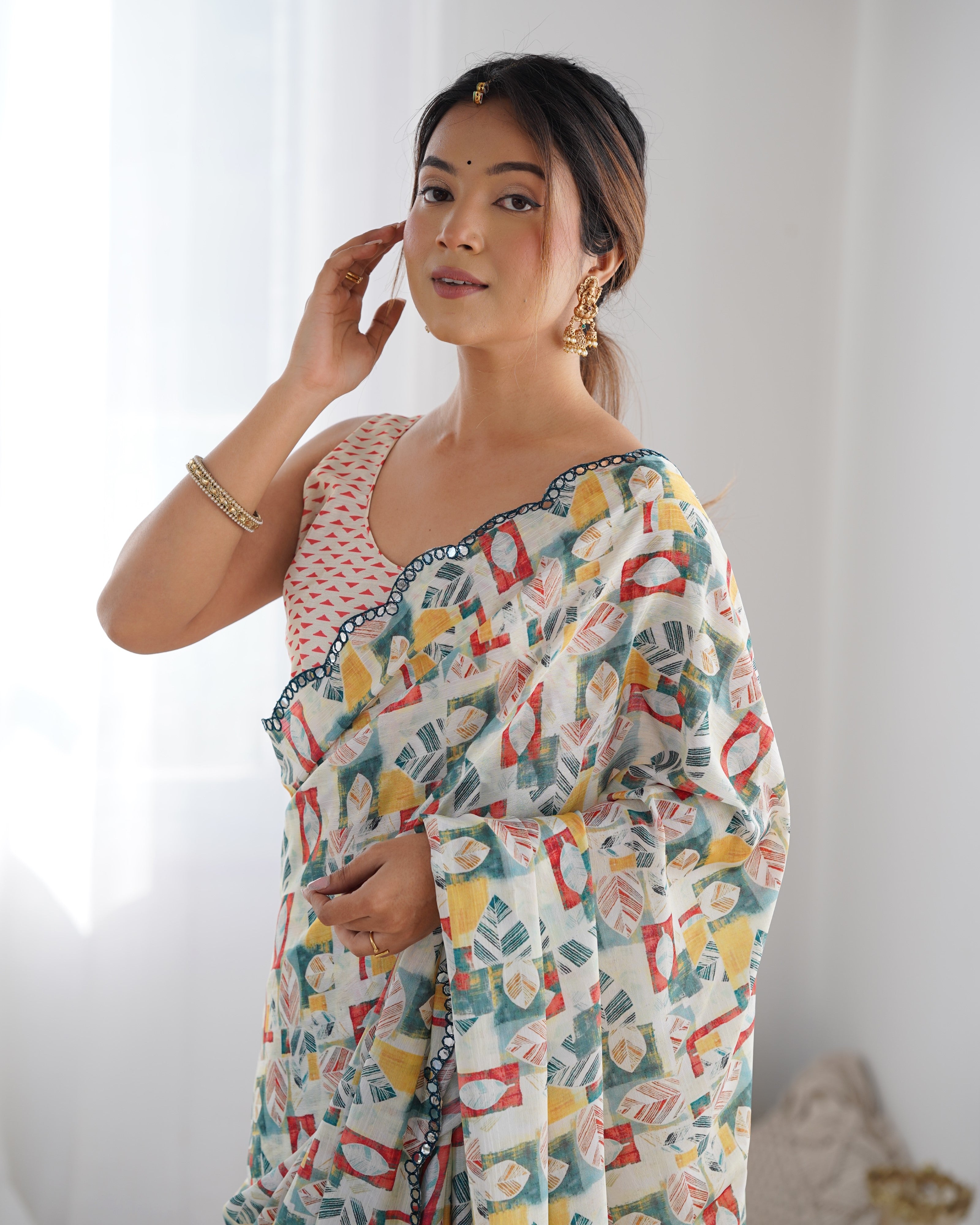 Pearl Perfection Chinon Party Wear Saree | Designer Digital Print with Mirror Cut Work