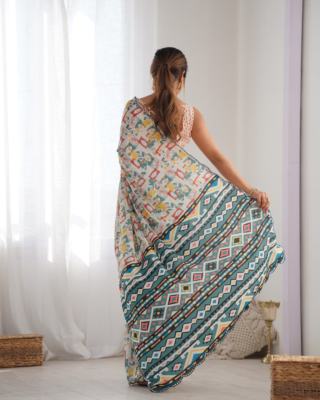 Pearl Perfection Chinon Party Wear Saree | Designer Digital Print with Mirror Cut Work