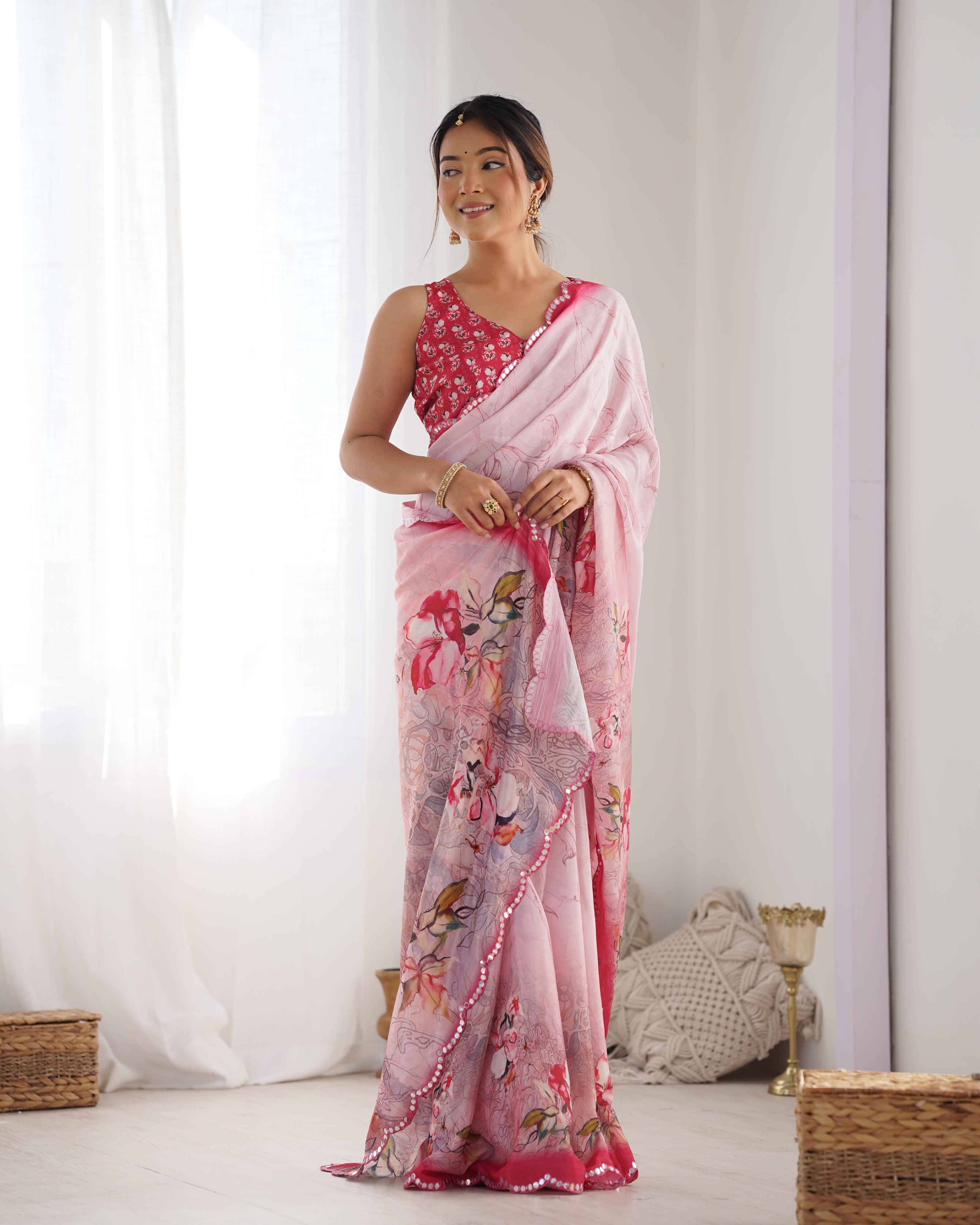 Blush Beauty Chinon Party Wear Saree | Designer Digital Print with Mirror Cut Work