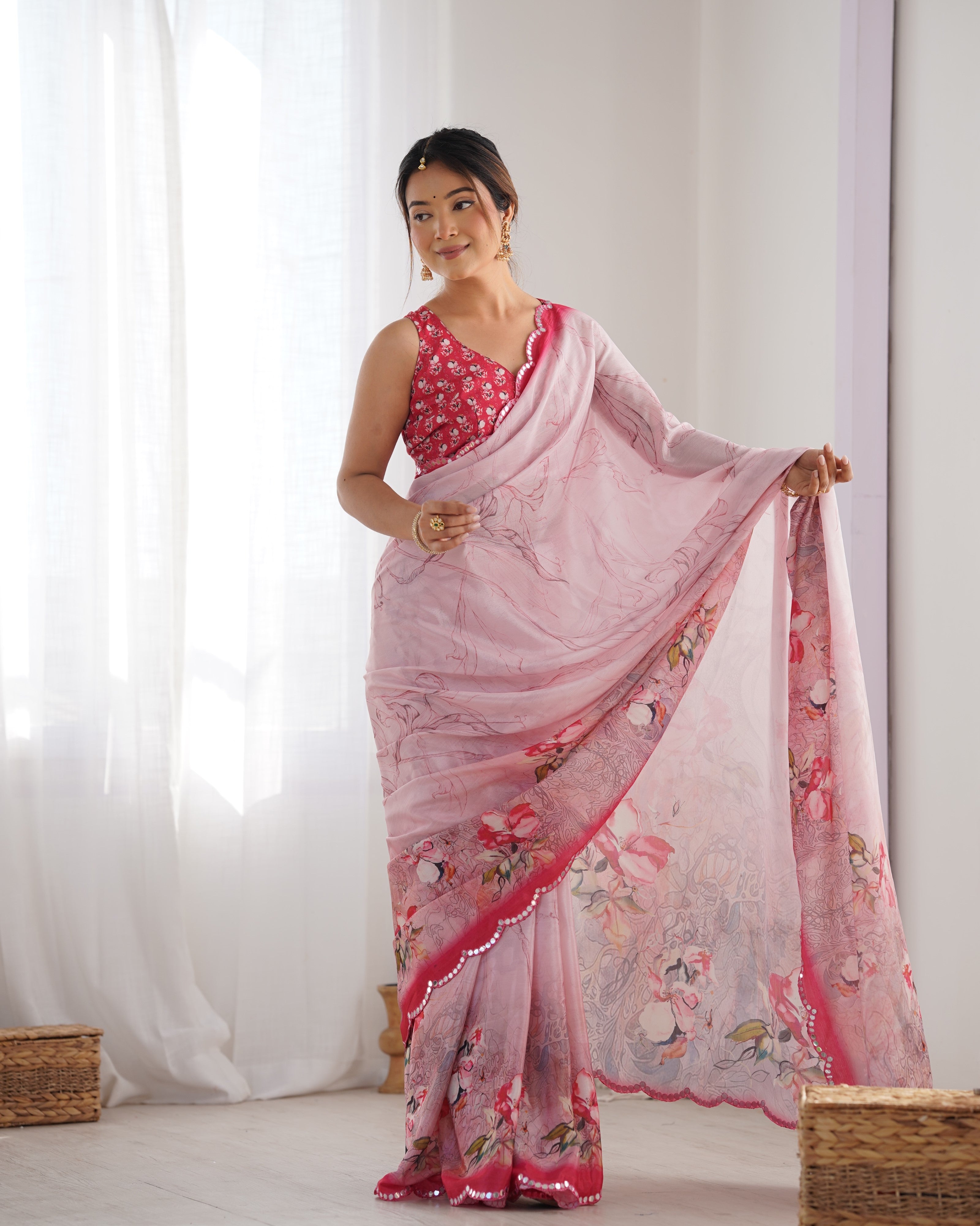 Blush Beauty Chinon Party Wear Saree | Designer Digital Print with Mirror Cut Work