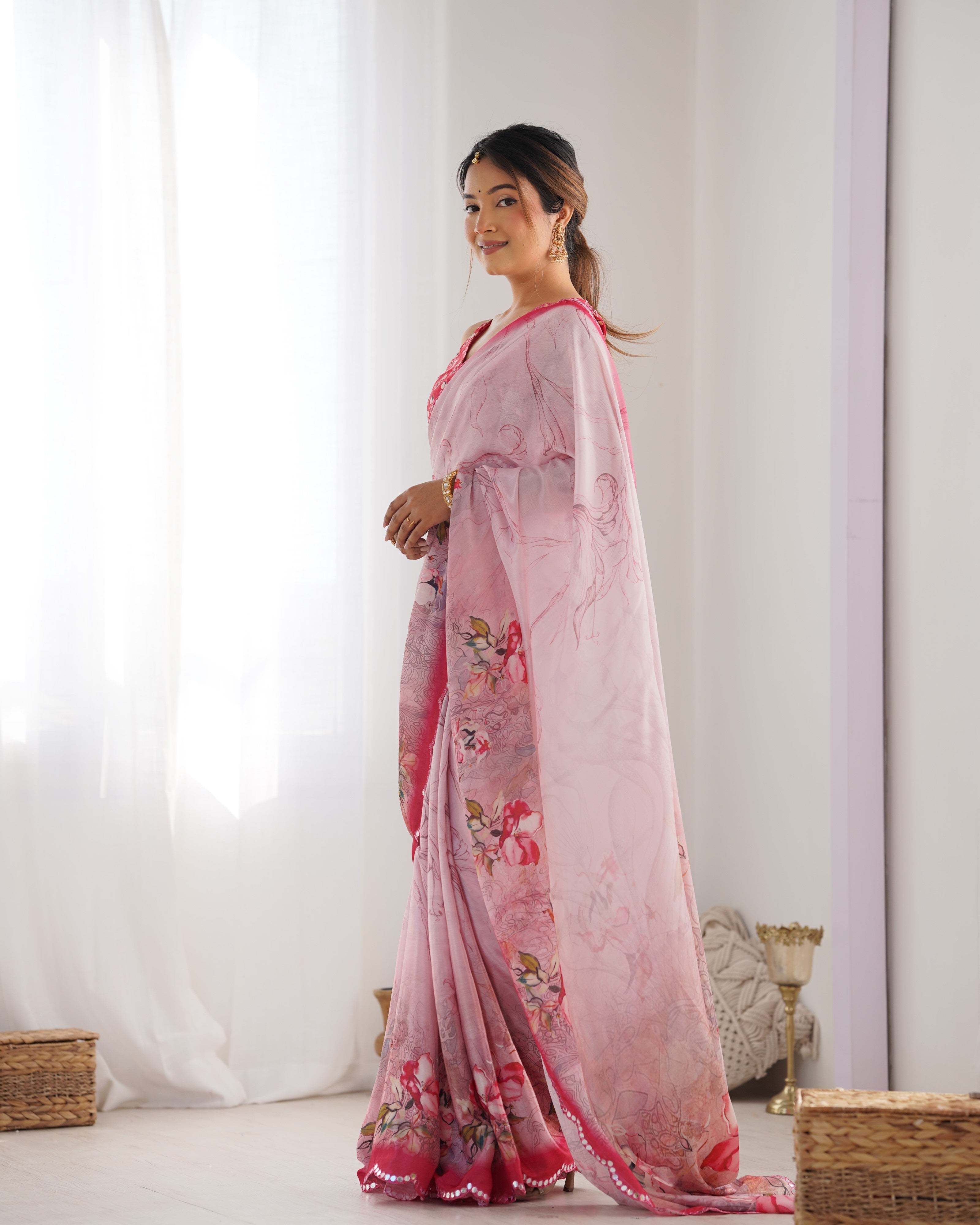 Blush Beauty Chinon Party Wear Saree | Designer Digital Print with Mirror Cut Work