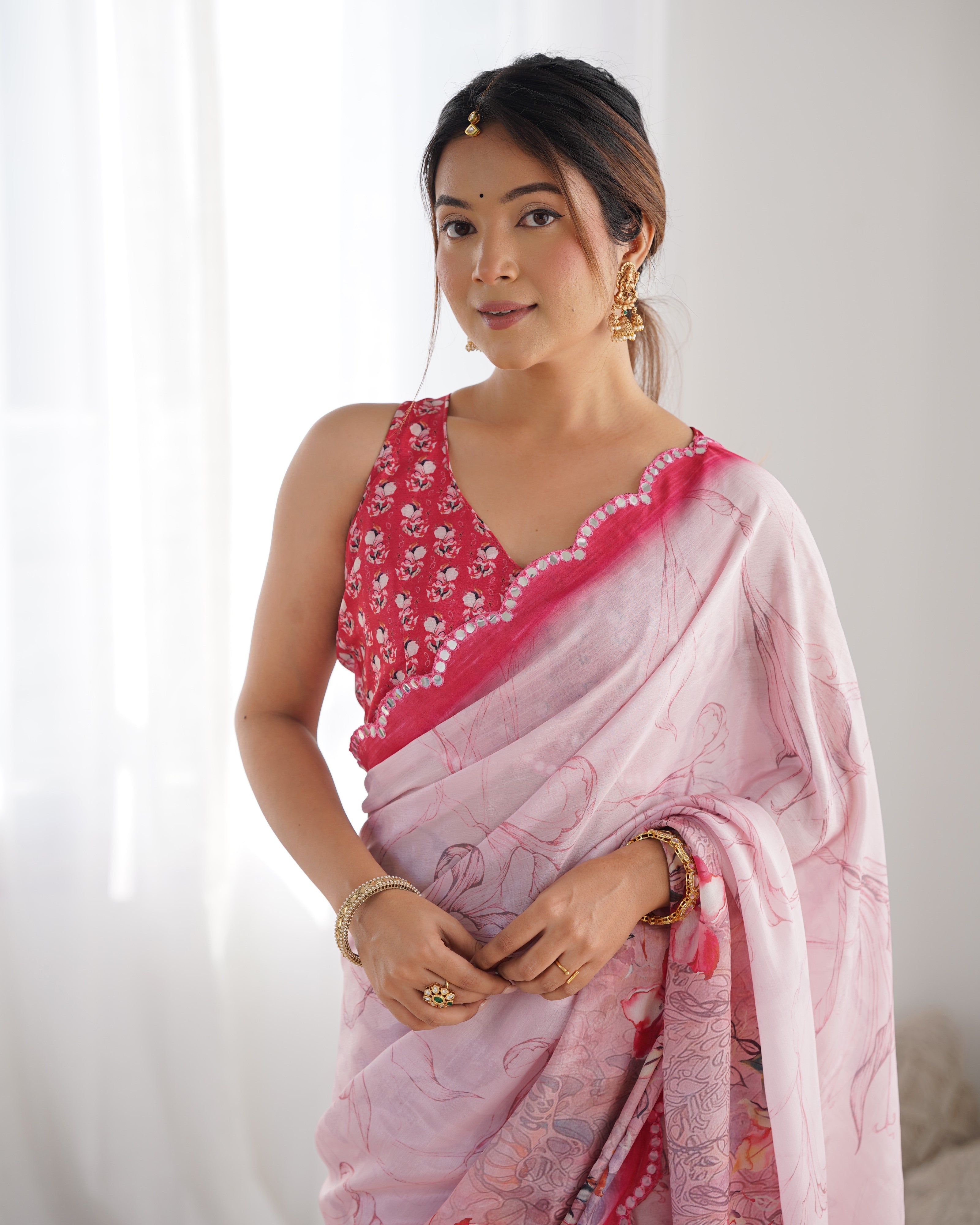Blush Beauty Chinon Party Wear Saree | Designer Digital Print with Mirror Cut Work