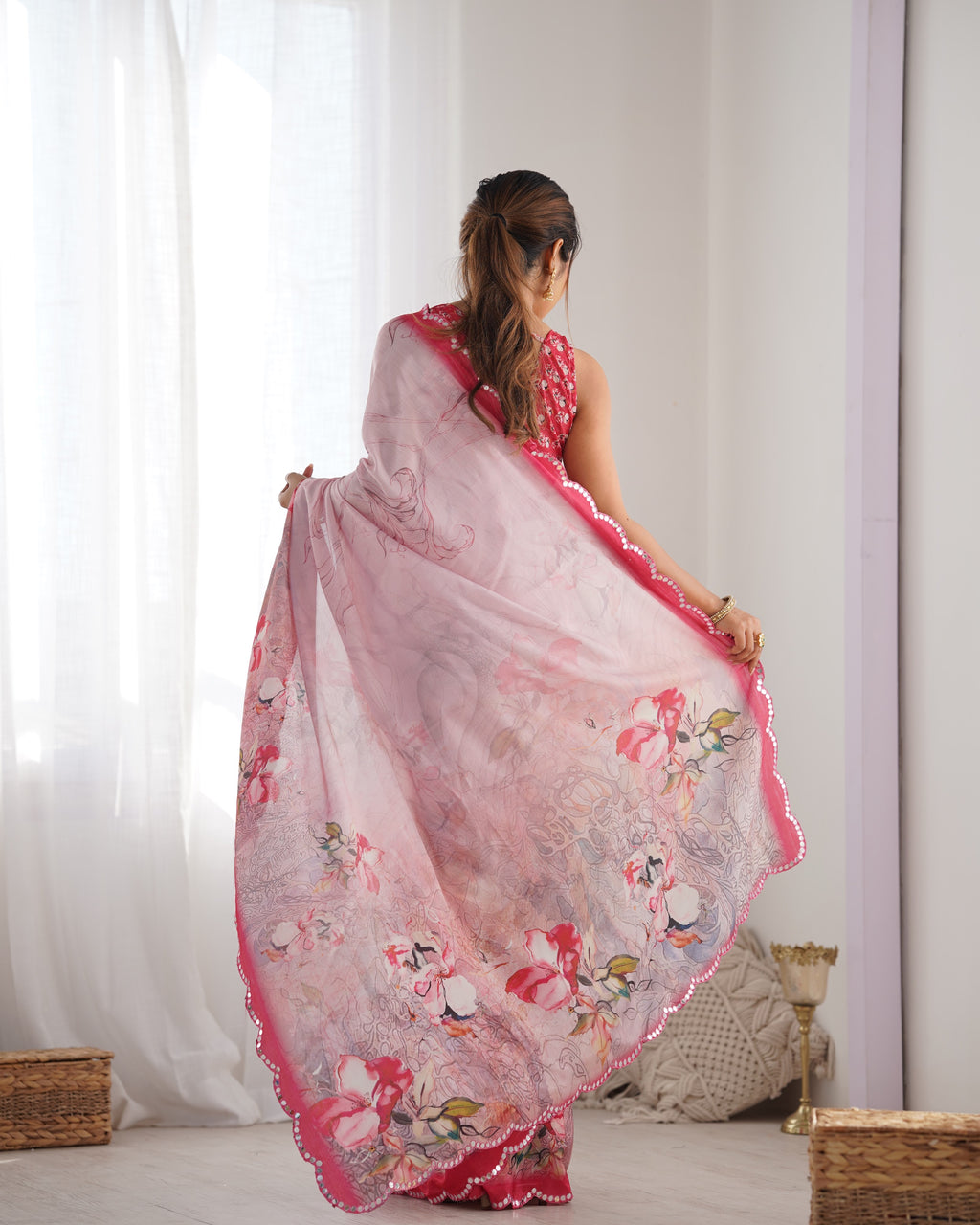 Blush Beauty Chinon Party Wear Saree | Designer Digital Print with Mirror Cut Work