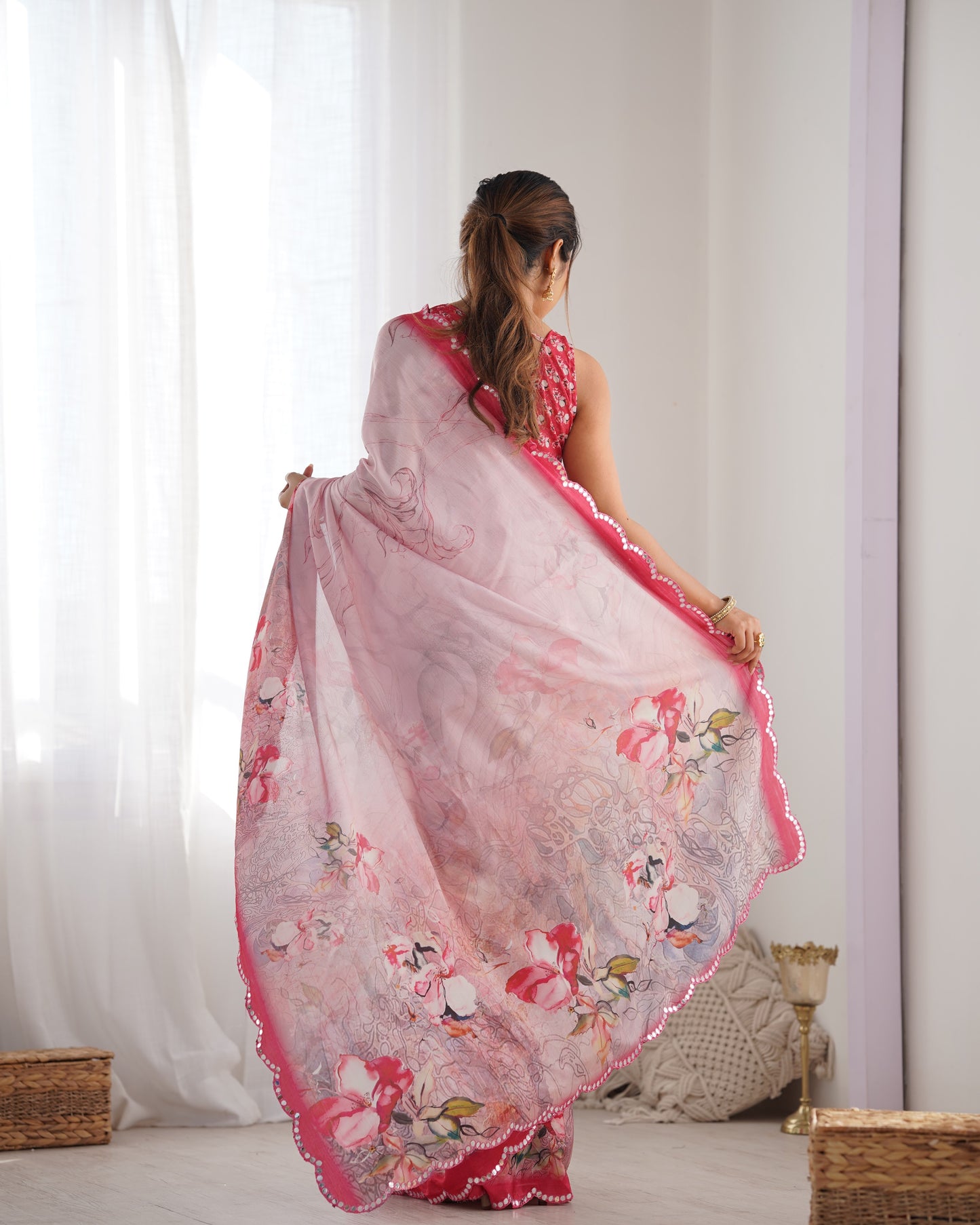 Blush Beauty Chinon Party Wear Saree | Designer Digital Print with Mirror Cut Work