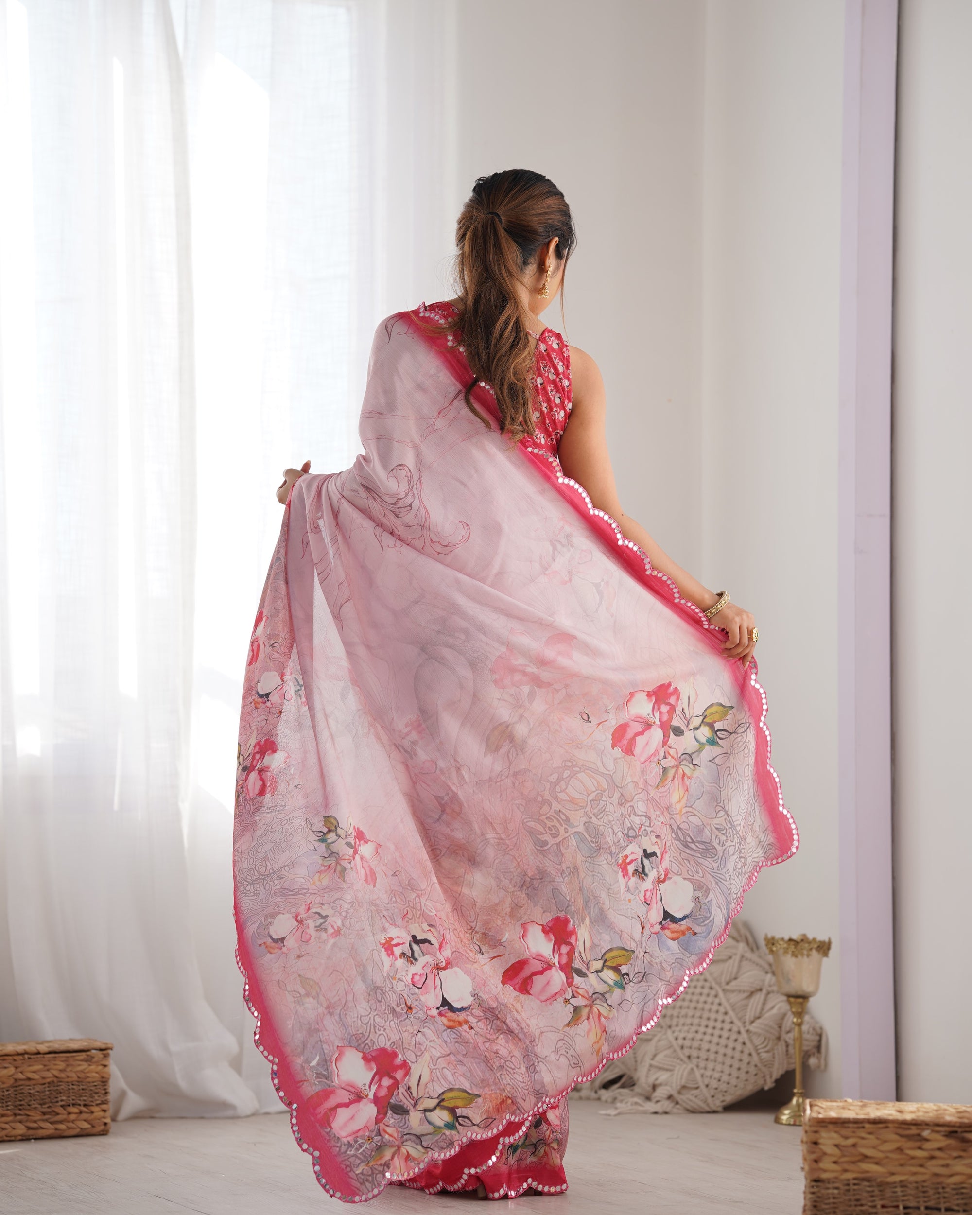 Blush Beauty Chinon Party Wear Saree | Designer Digital Print with Mirror Cut Work