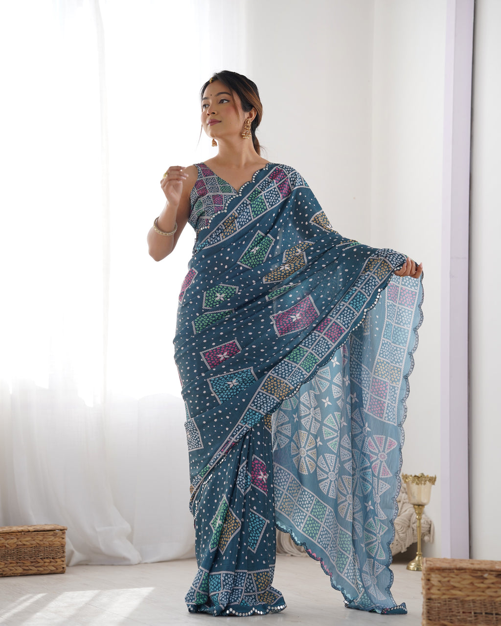 Emerald Enchantment Chinon Party Wear Saree | Designer Digital Print with Mirror Cut Work