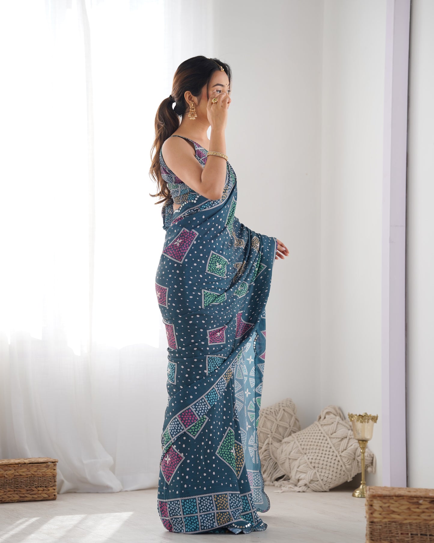 Emerald Enchantment Chinon Party Wear Saree | Designer Digital Print with Mirror Cut Work