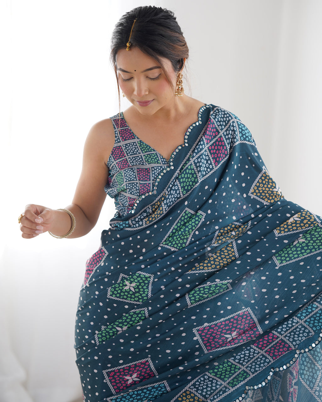 Emerald Enchantment Chinon Party Wear Saree | Designer Digital Print with Mirror Cut Work