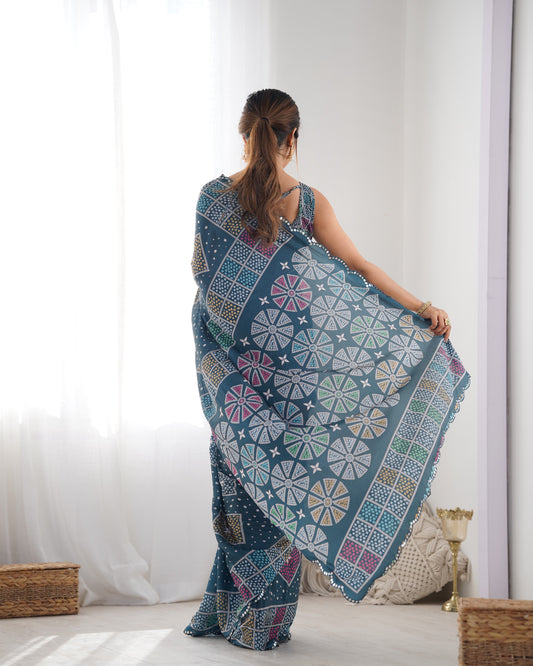 Emerald Enchantment Chinon Party Wear Saree | Designer Digital Print with Mirror Cut Work