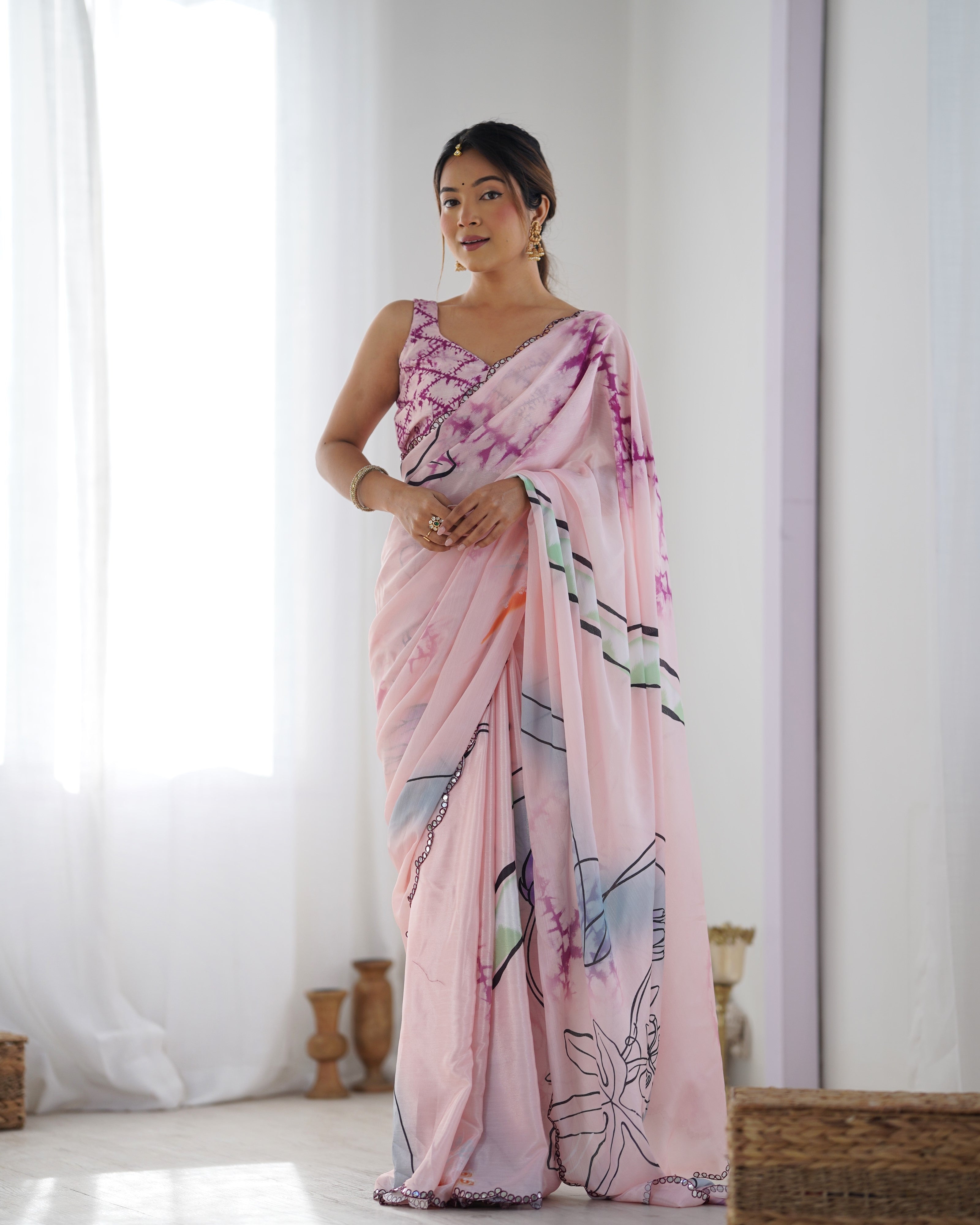 Rose Romance Chinon Party Wear Saree | Designer Digital Print with Mirror Cut Work
