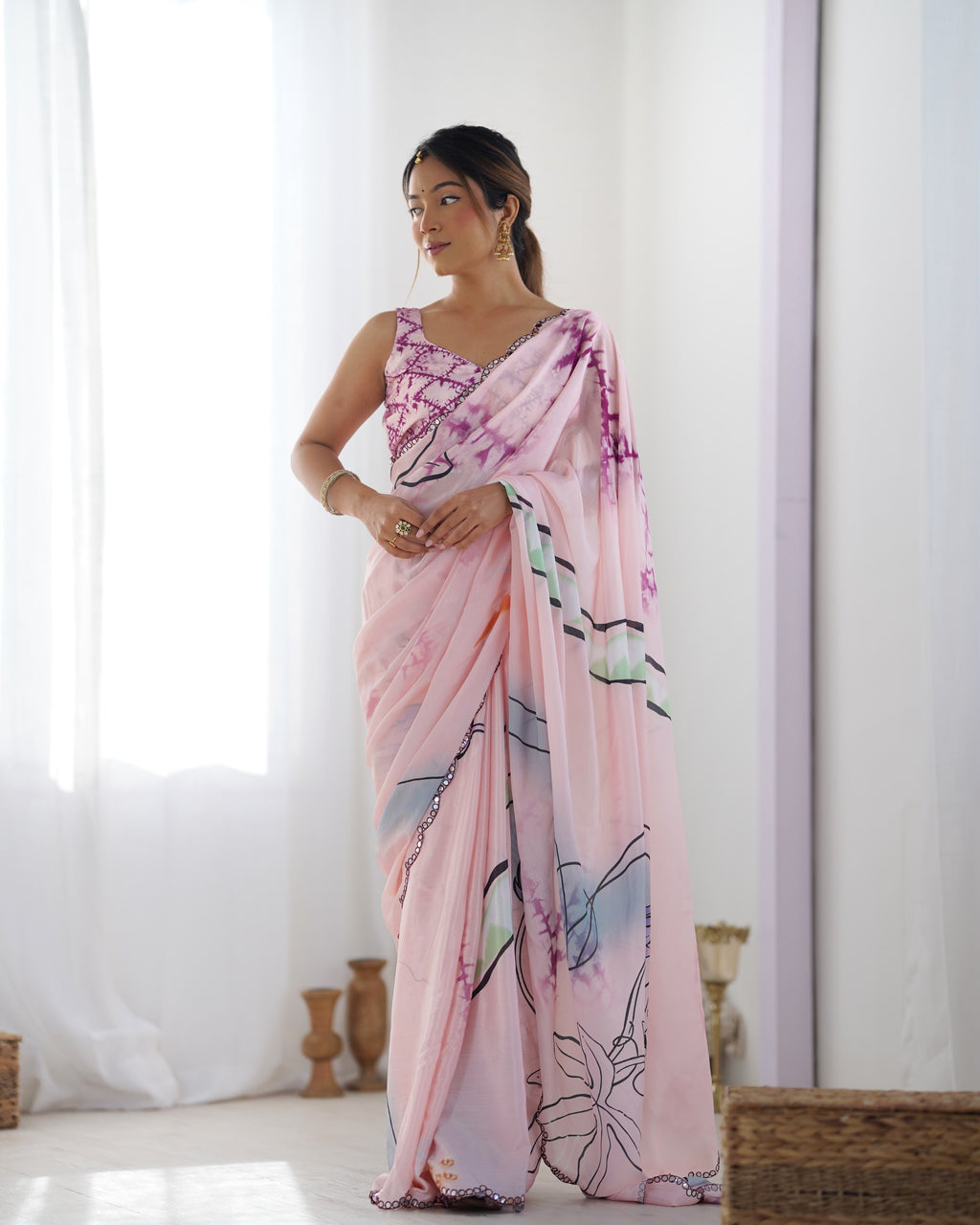 Rose Romance Chinon Party Wear Saree | Designer Digital Print with Mirror Cut Work