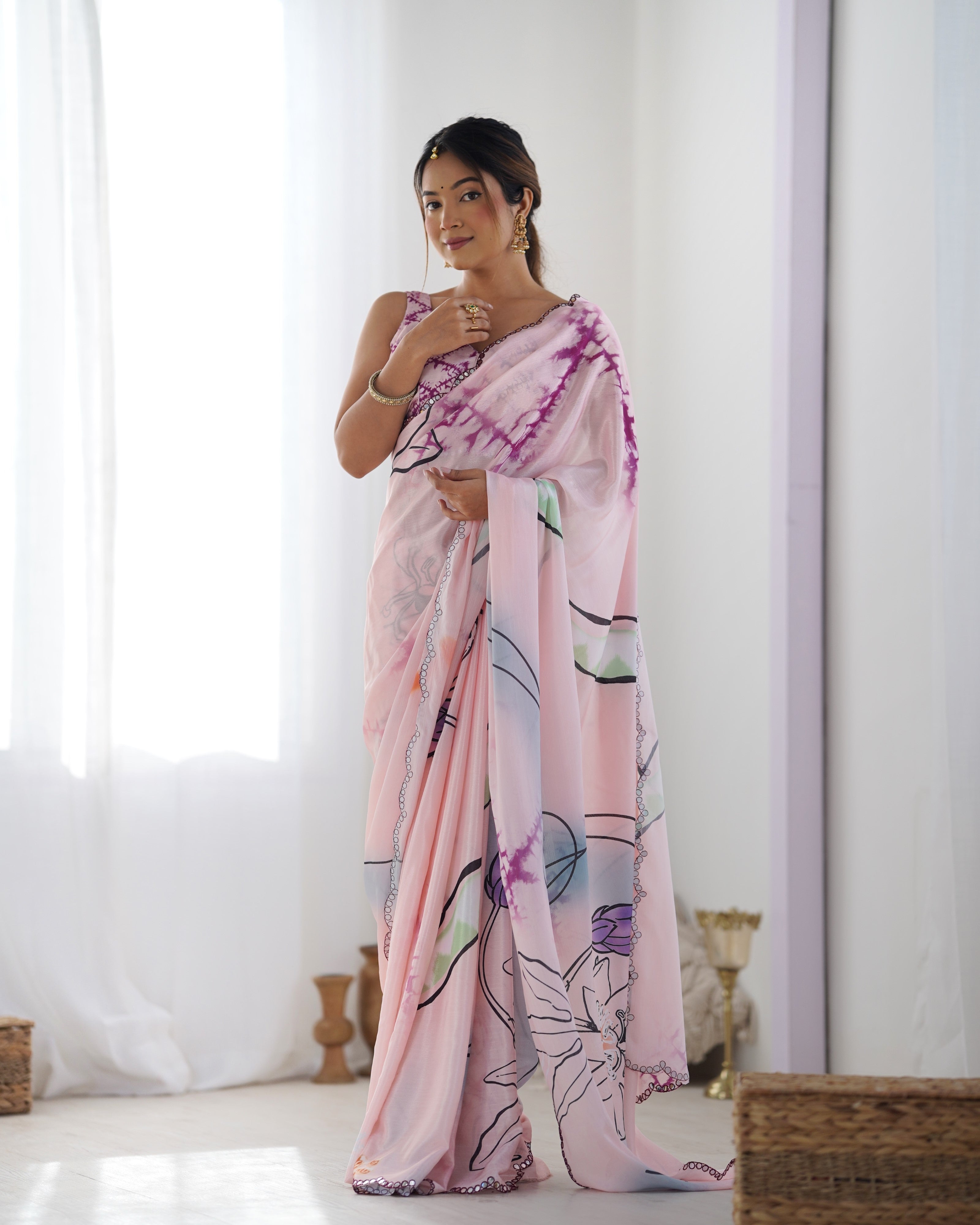 Rose Romance Chinon Party Wear Saree | Designer Digital Print with Mirror Cut Work
