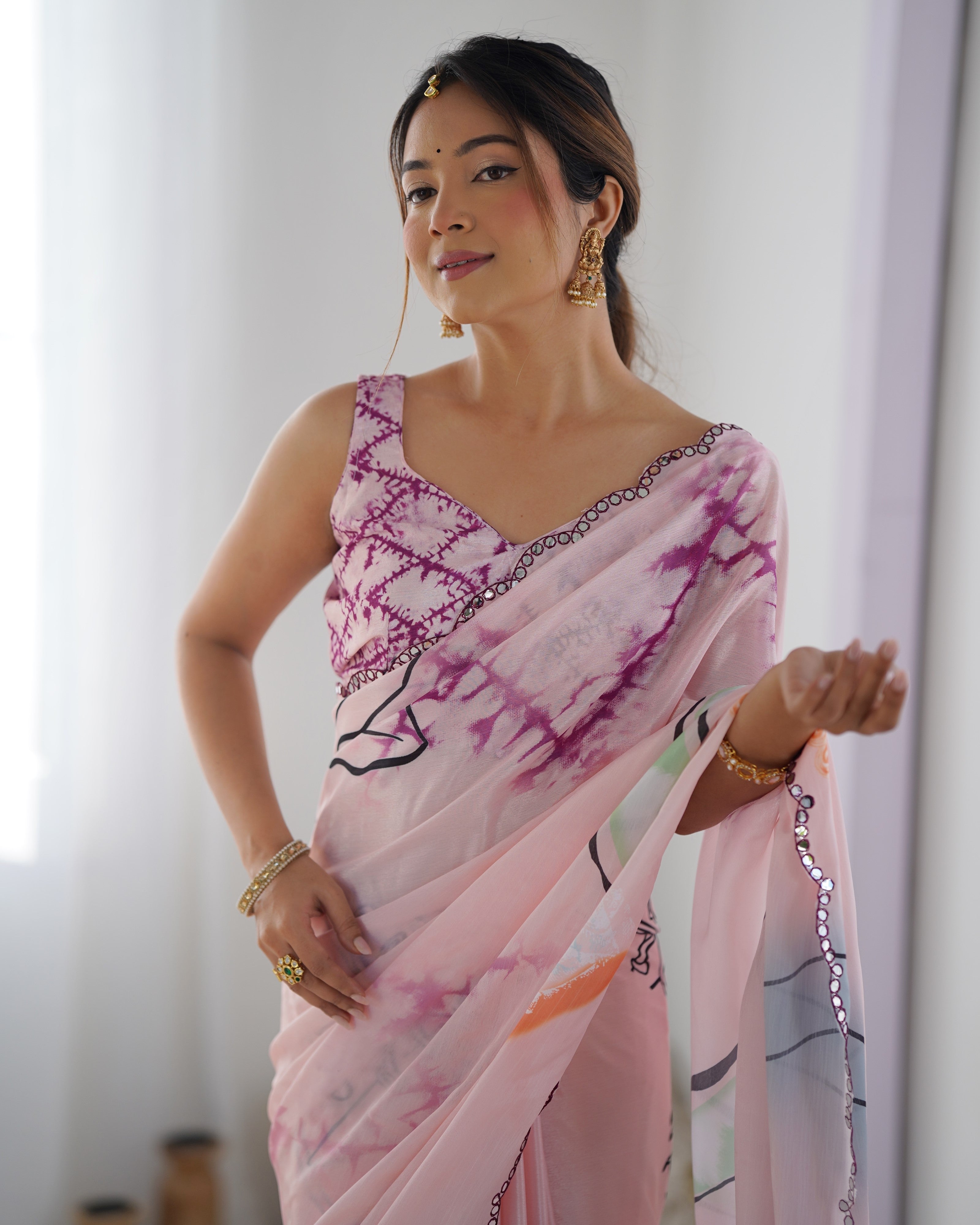 Rose Romance Chinon Party Wear Saree | Designer Digital Print with Mirror Cut Work