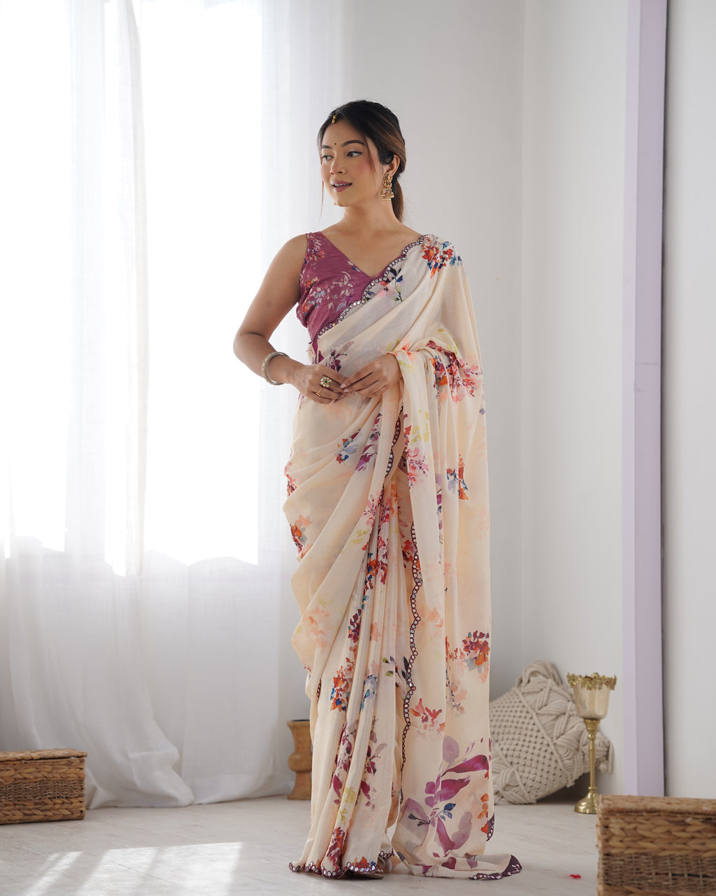Sunset Peach Chinon Party Wear Saree | Designer Digital Print with Mirror Cut Work