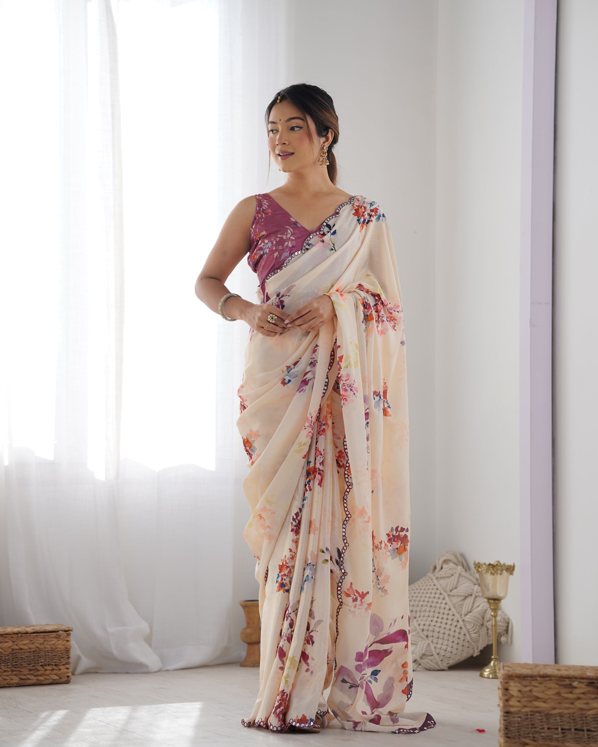 Sunset Peach Chinon Party Wear Saree | Designer Digital Print with Mirror Cut Work