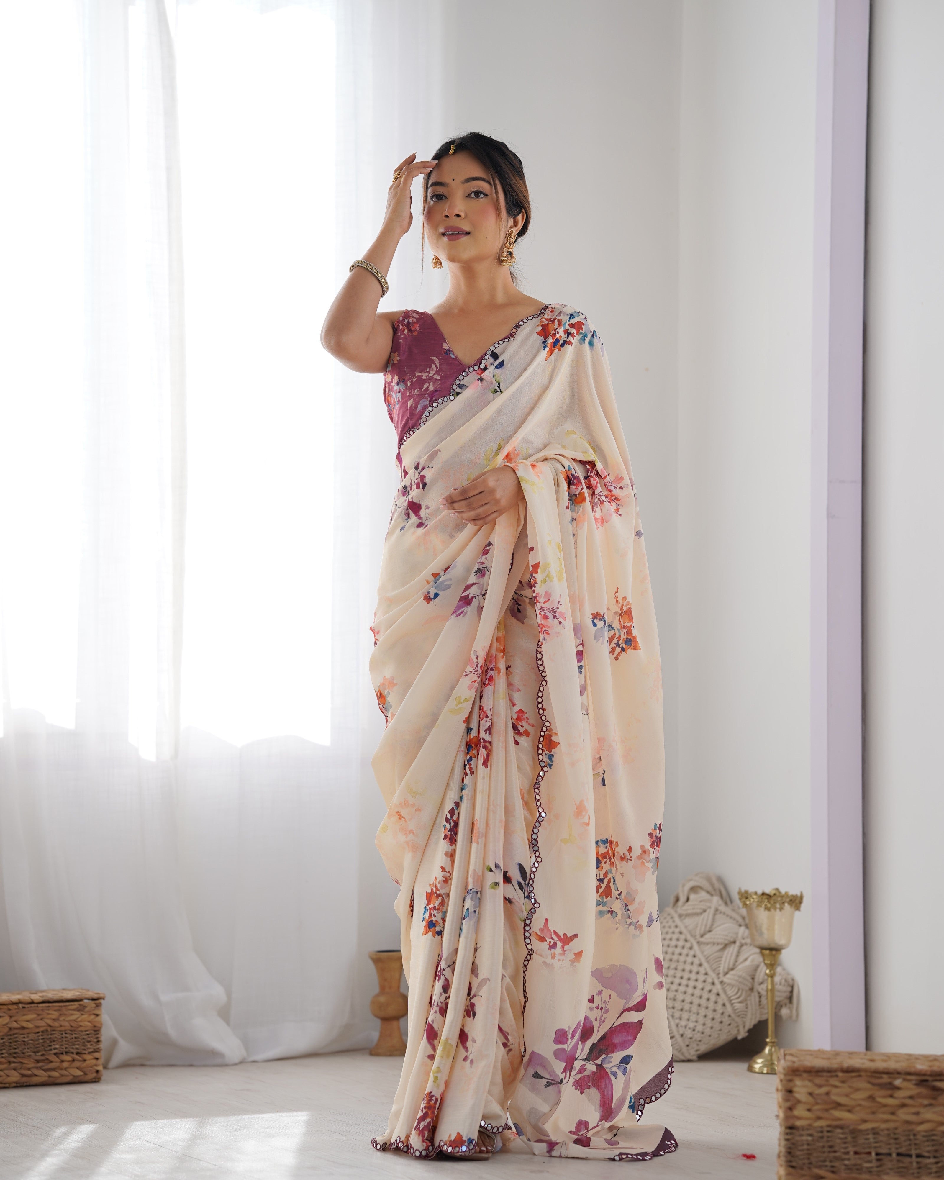 Sunset Peach Chinon Party Wear Saree | Designer Digital Print with Mirror Cut Work