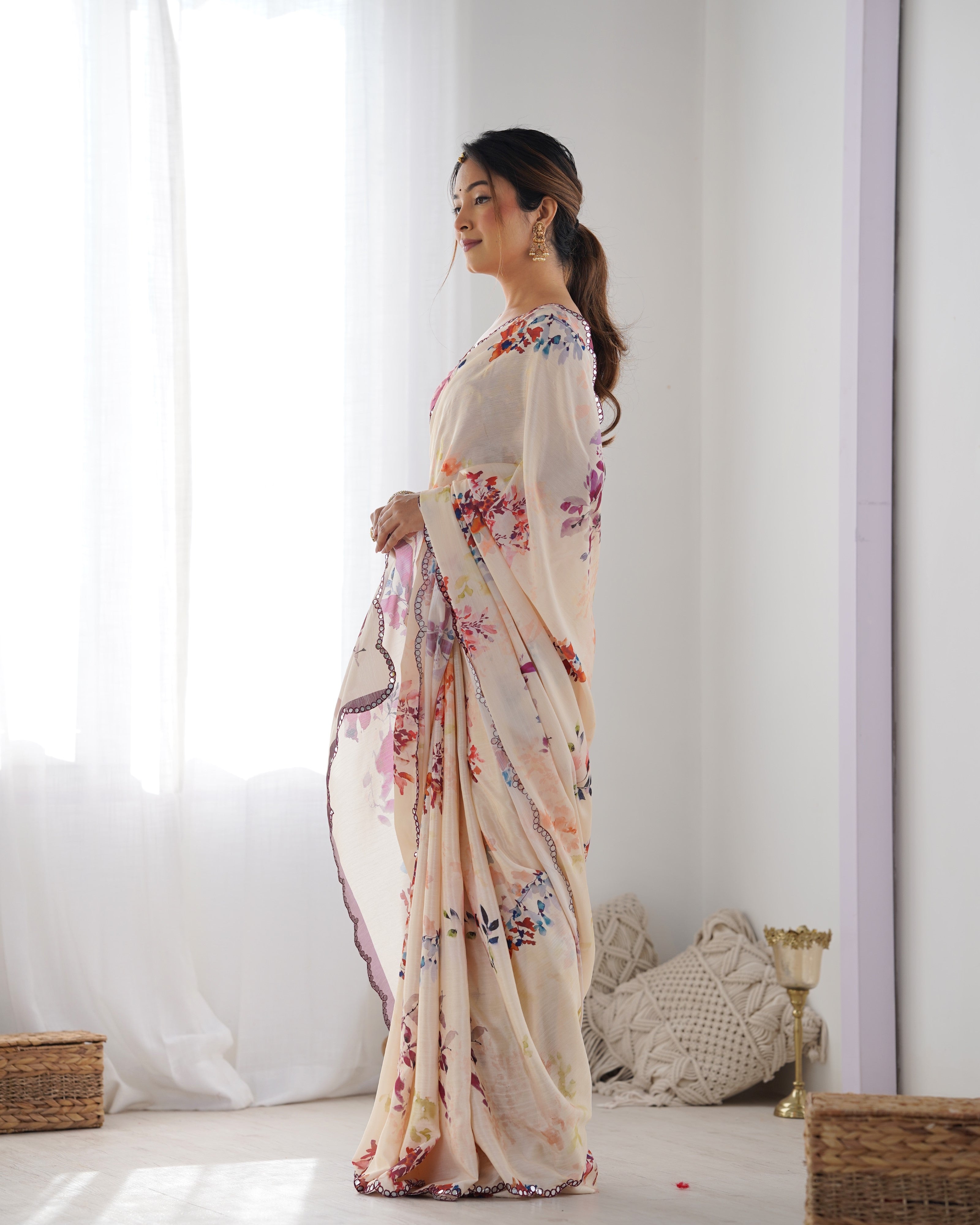 Sunset Peach Chinon Party Wear Saree | Designer Digital Print with Mirror Cut Work