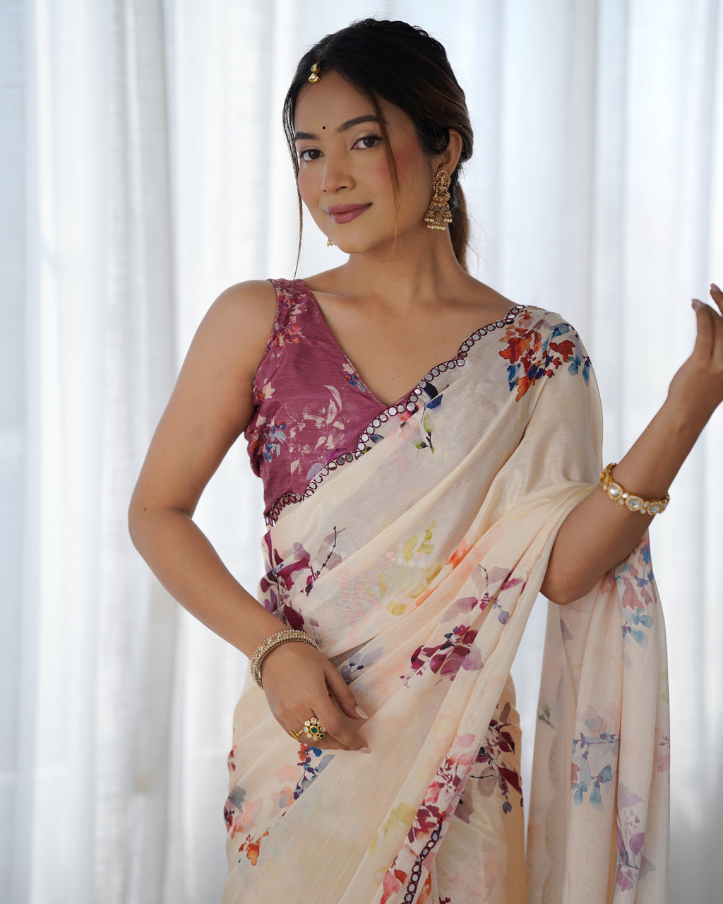 Sunset Peach Chinon Party Wear Saree | Designer Digital Print with Mirror Cut Work