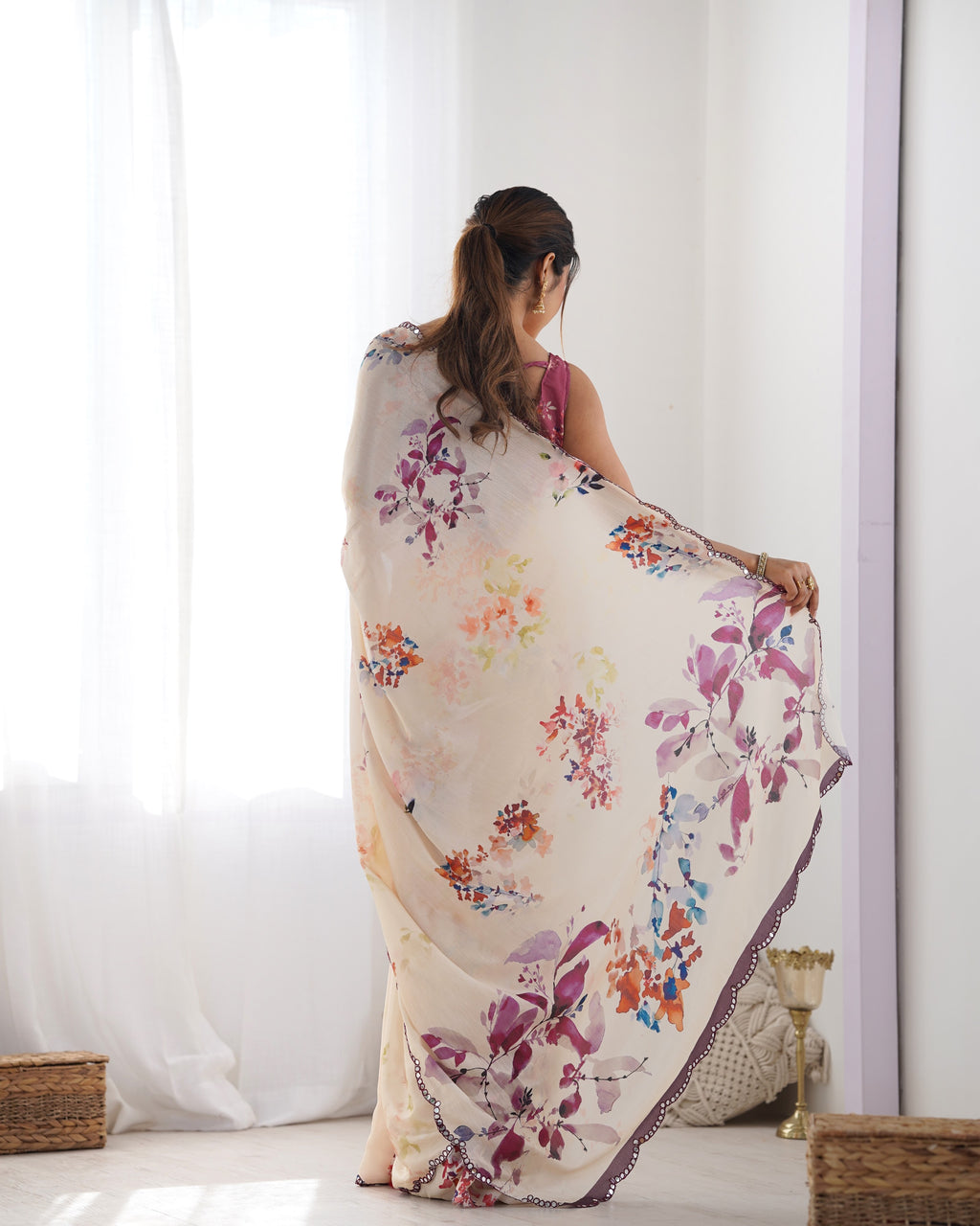 Sunset Peach Chinon Party Wear Saree | Designer Digital Print with Mirror Cut Work