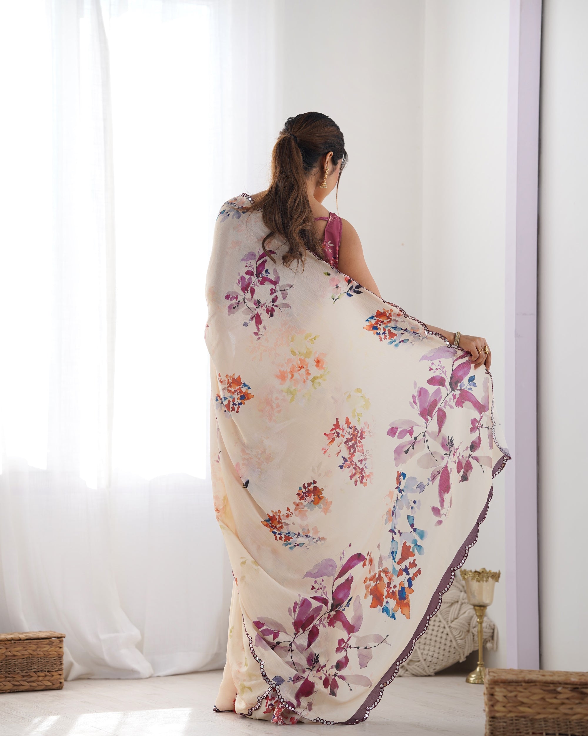Sunset Peach Chinon Party Wear Saree | Designer Digital Print with Mirror Cut Work