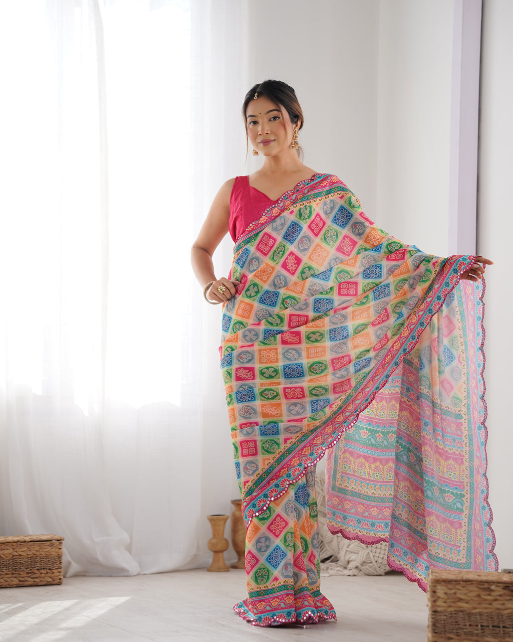 Kaleidoscope Dream Chinon Party Wear Saree | Designer Digital Print with Mirror Cut Work