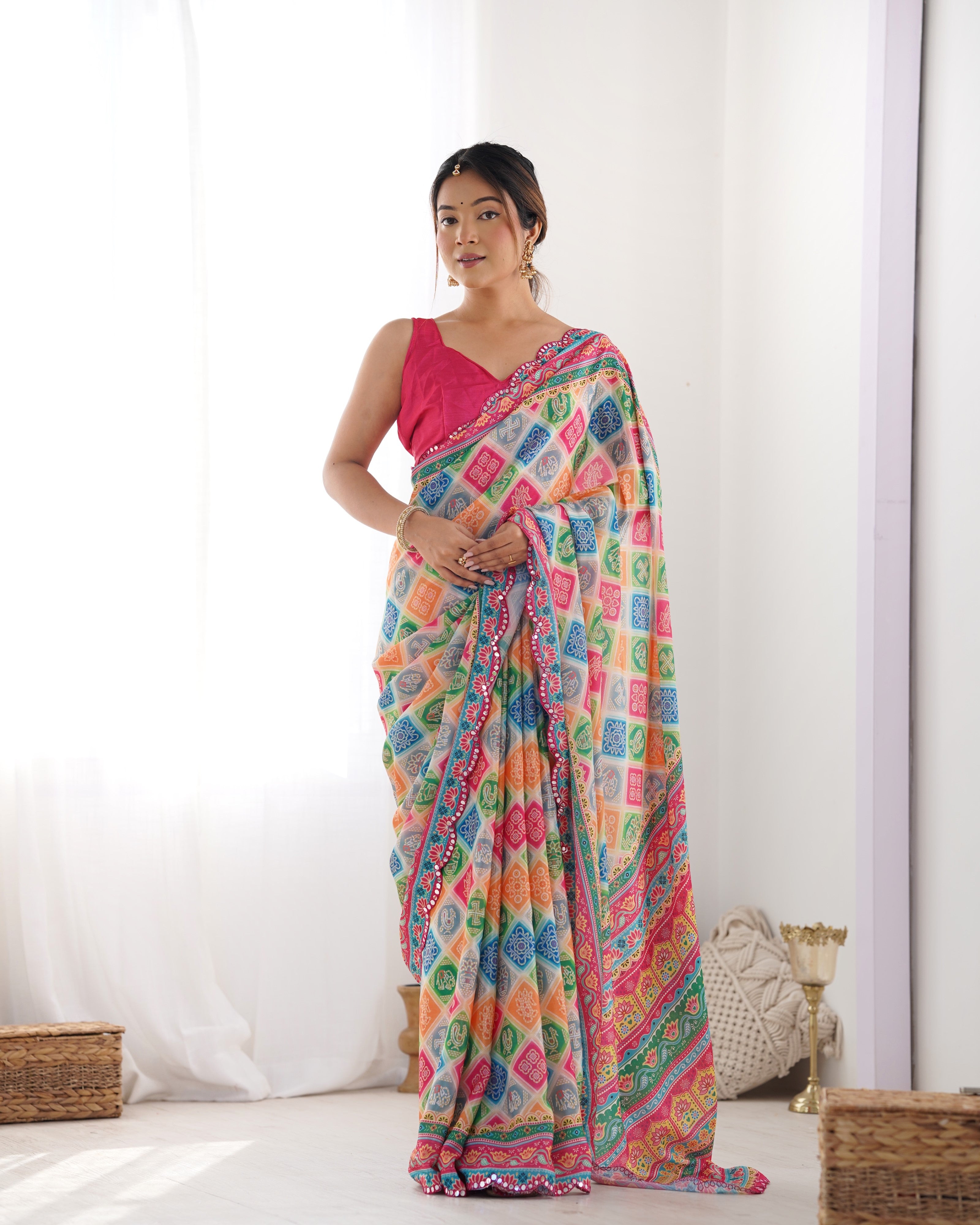 Kaleidoscope Dream Chinon Party Wear Saree | Designer Digital Print with Mirror Cut Work