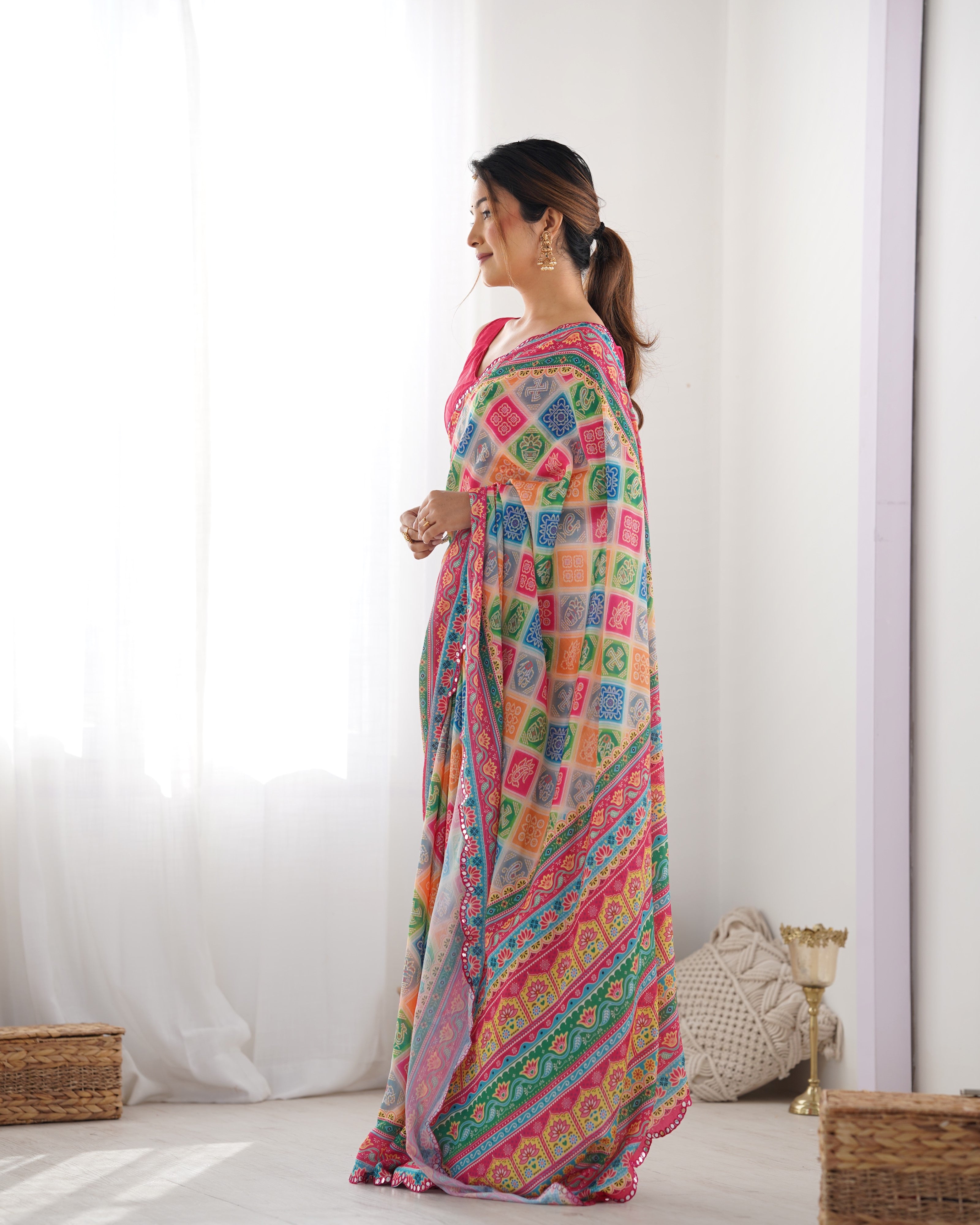 Kaleidoscope Dream Chinon Party Wear Saree | Designer Digital Print with Mirror Cut Work